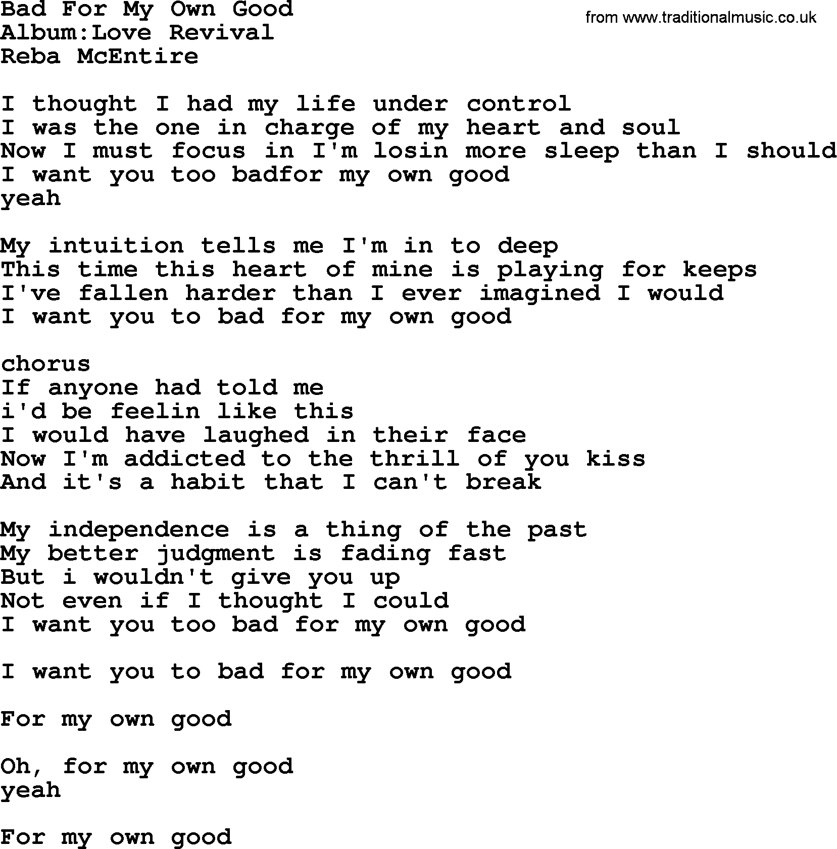 Reba McEntire song: Bad For My Own Good lyrics