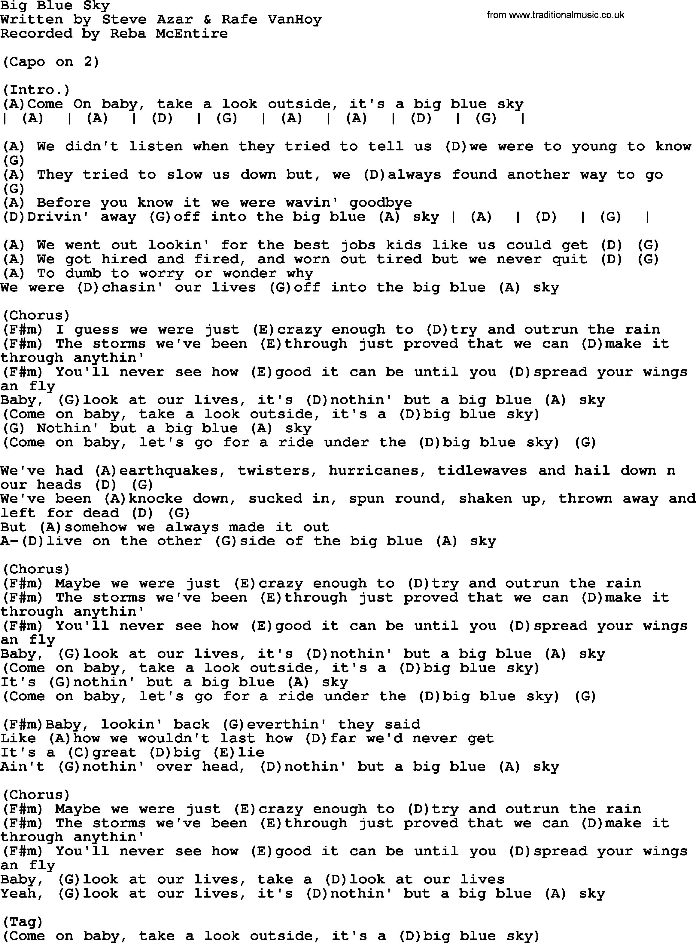 Reba McEntire song: Big Blue Sky, lyrics and chords