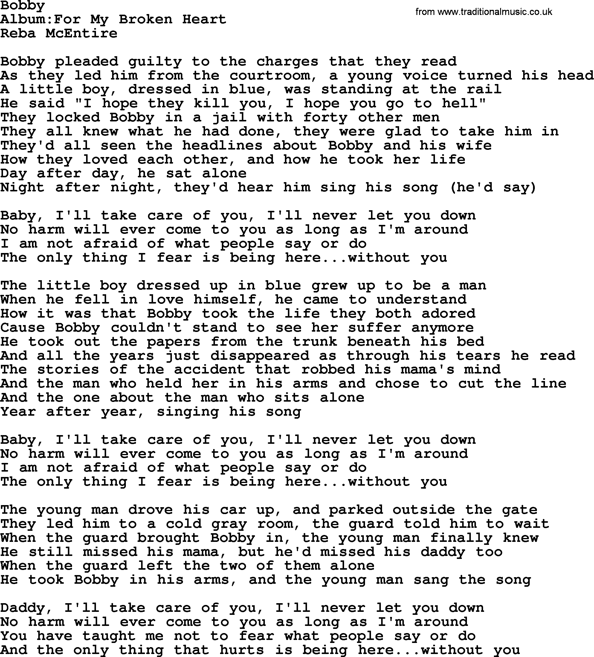 Reba McEntire song: Bobby lyrics