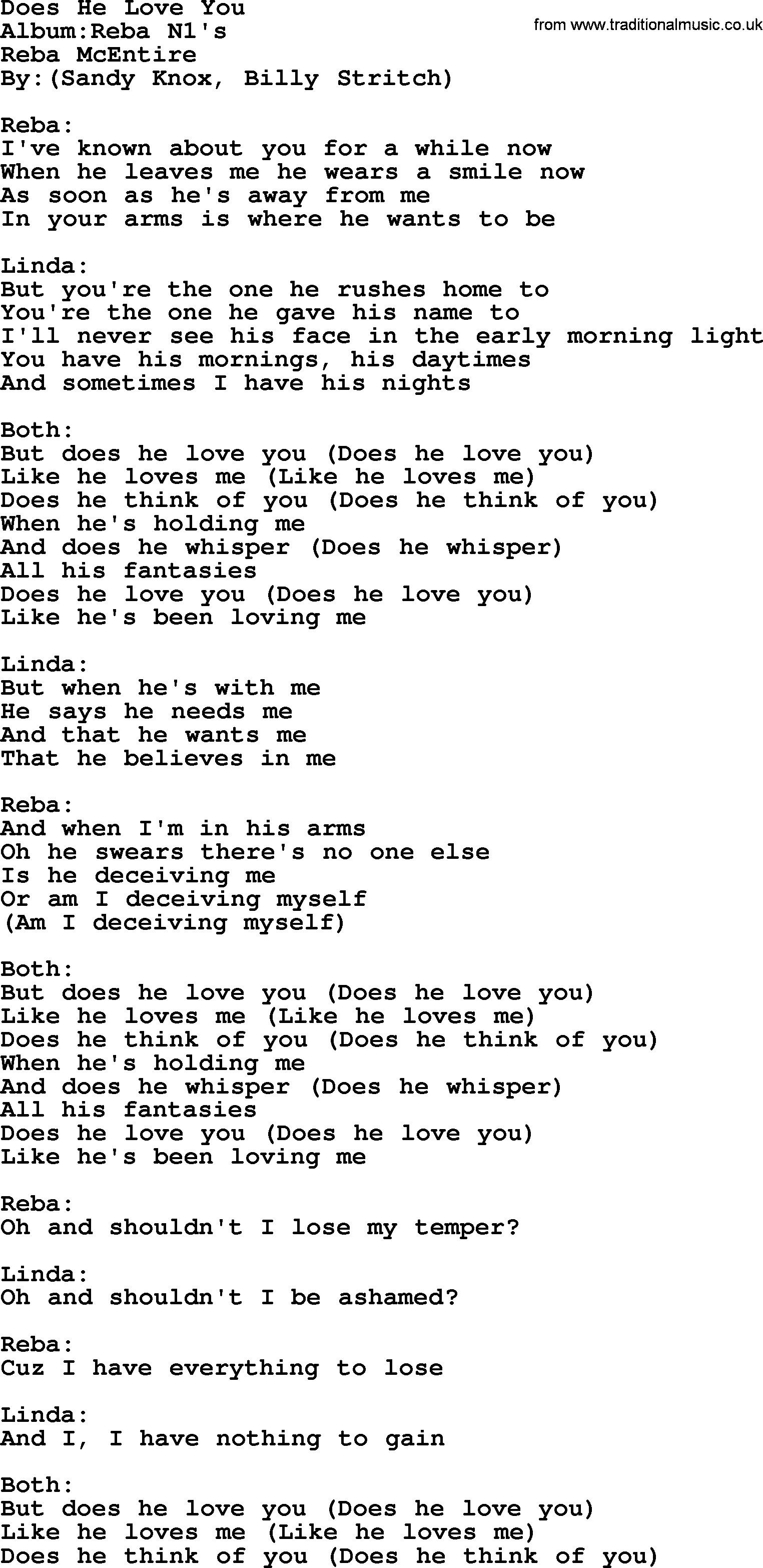 Reba McEntire song: Does He Love You lyrics
