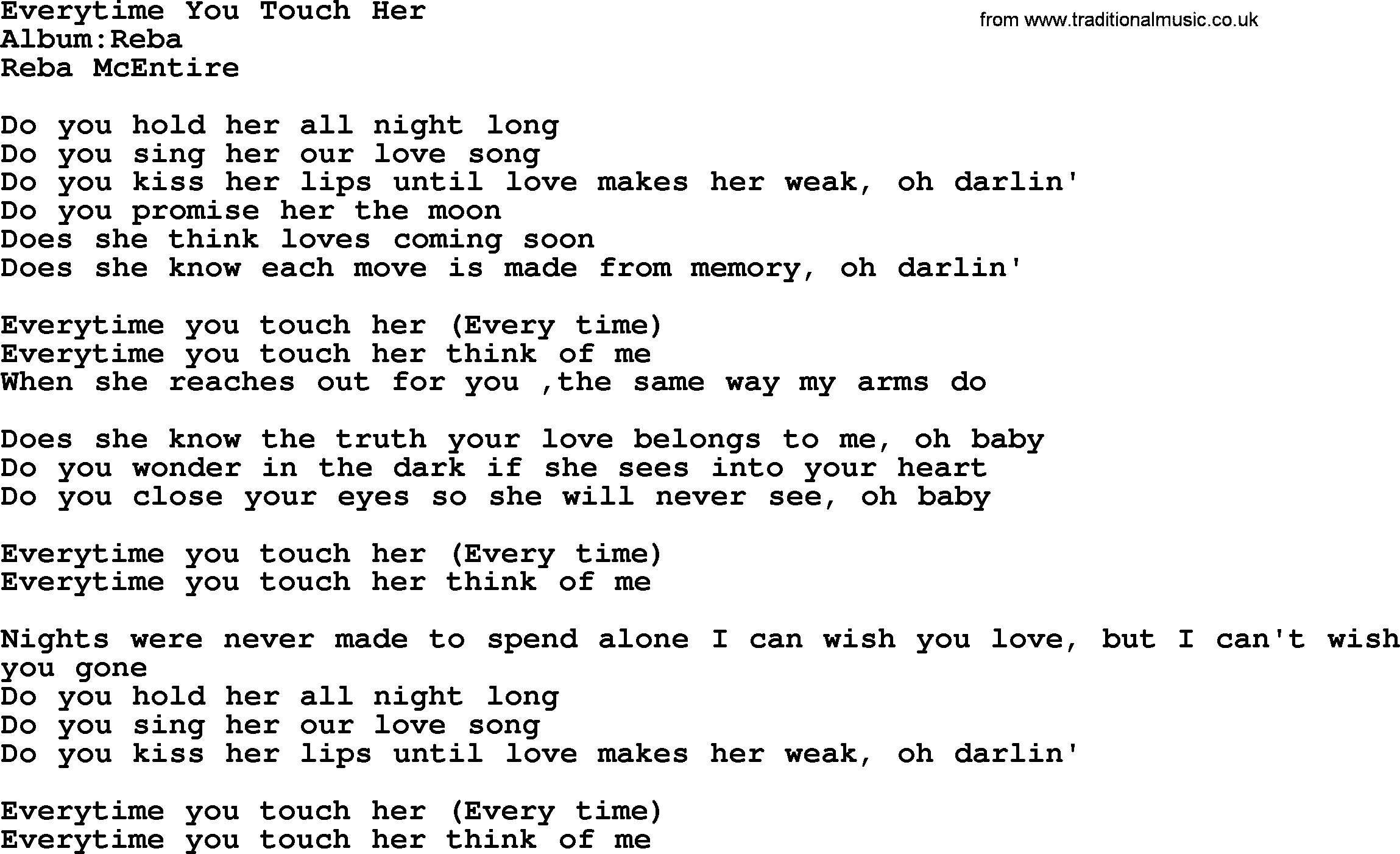 Reba McEntire song: Everytime You Touch Her lyrics