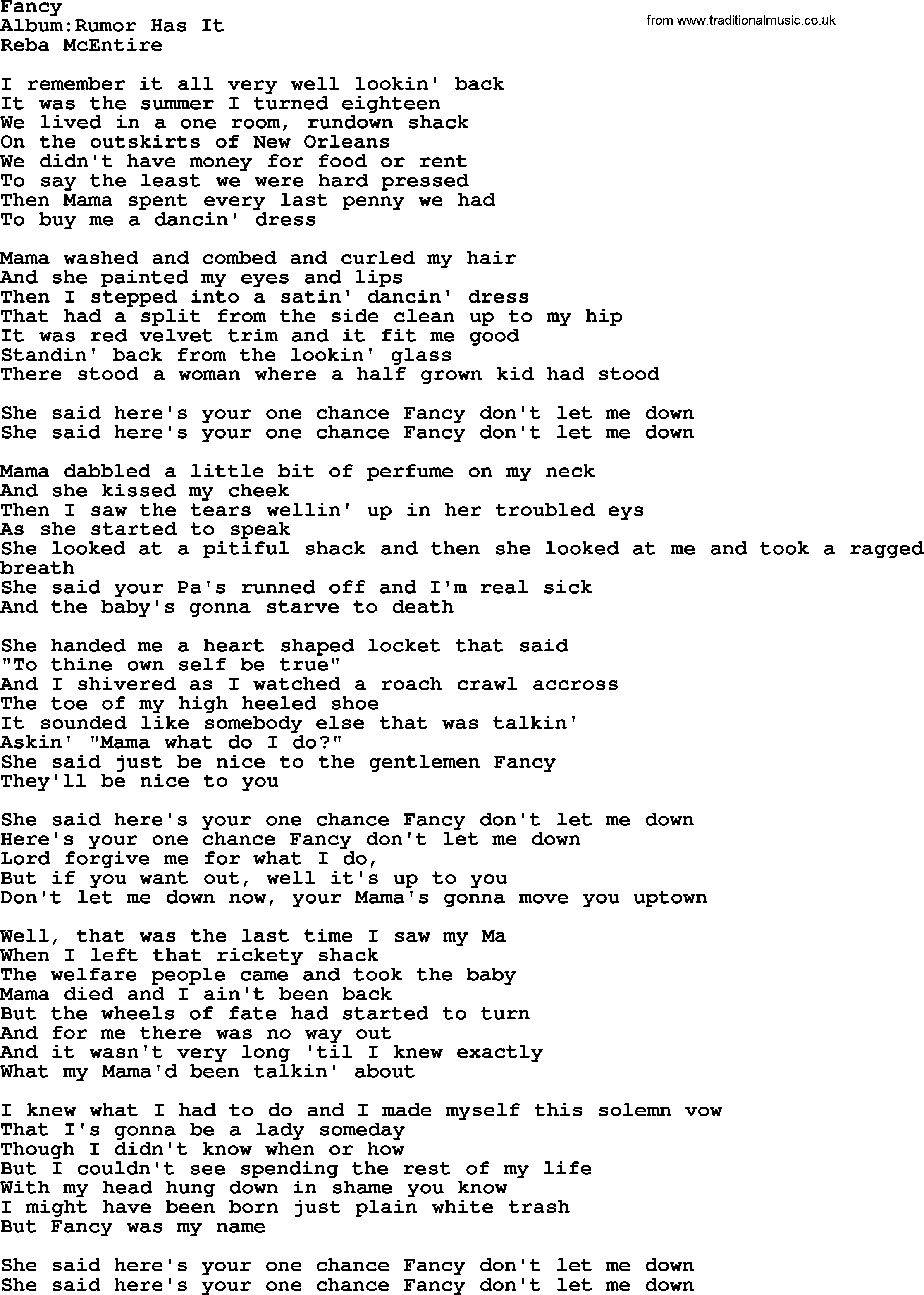 Reba McEntire song: Fancy lyrics