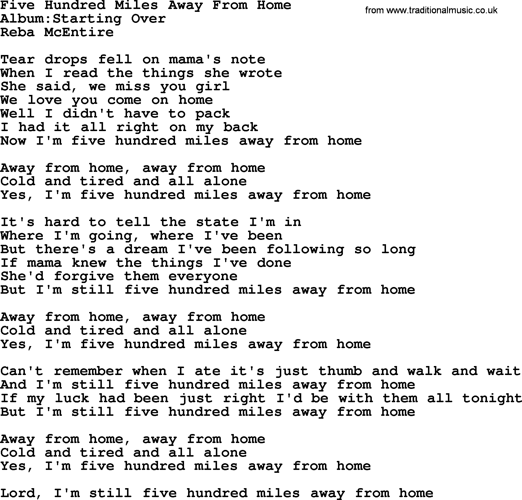 Reba McEntire song: Five Hundred Miles Away From Home lyrics