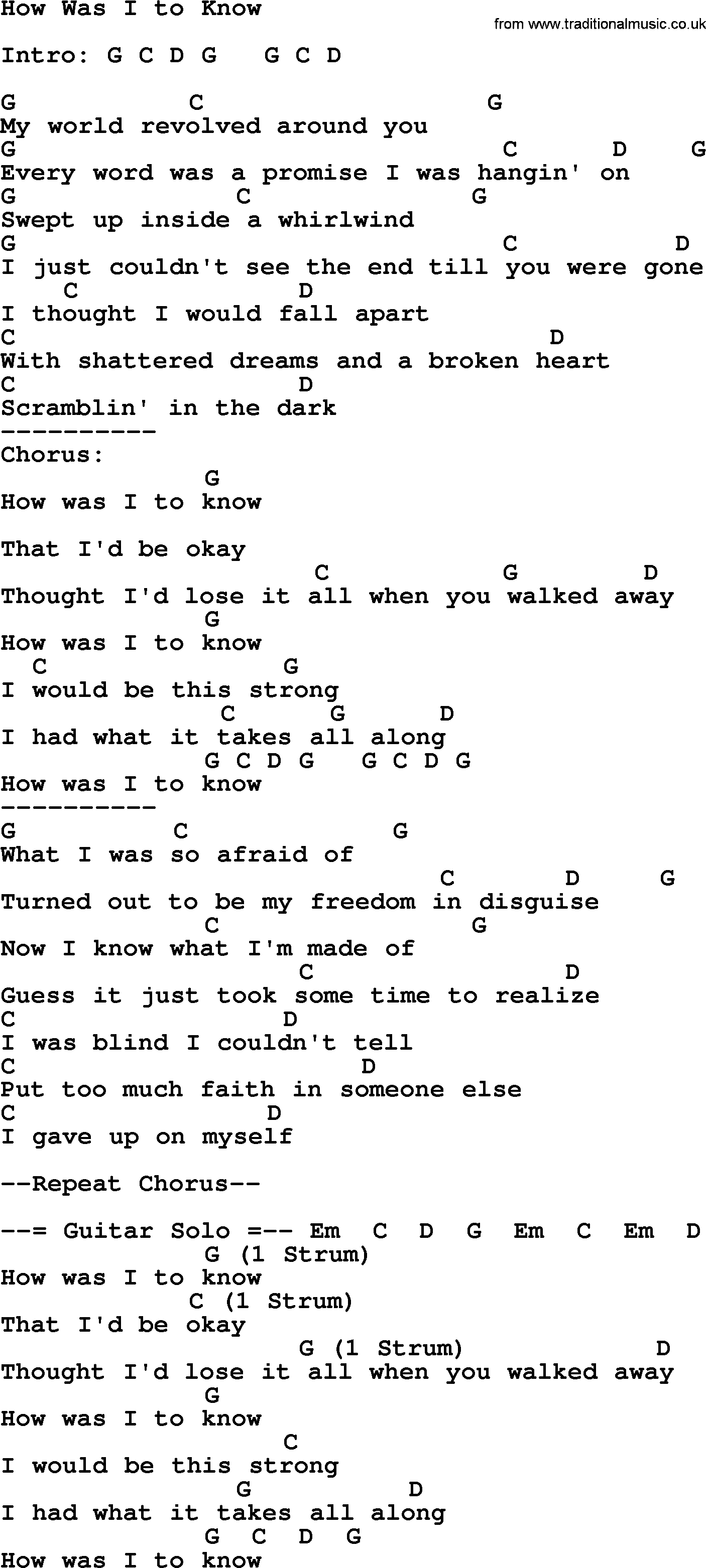 Reba McEntire song: How Was I to Know, lyrics and chords