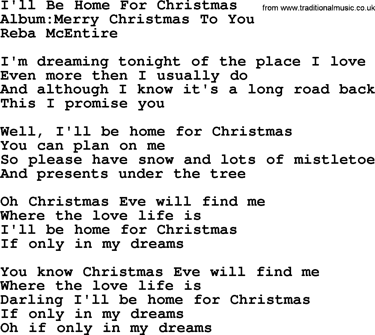 Reba McEntire song: I'll Be Home For Christmas lyrics