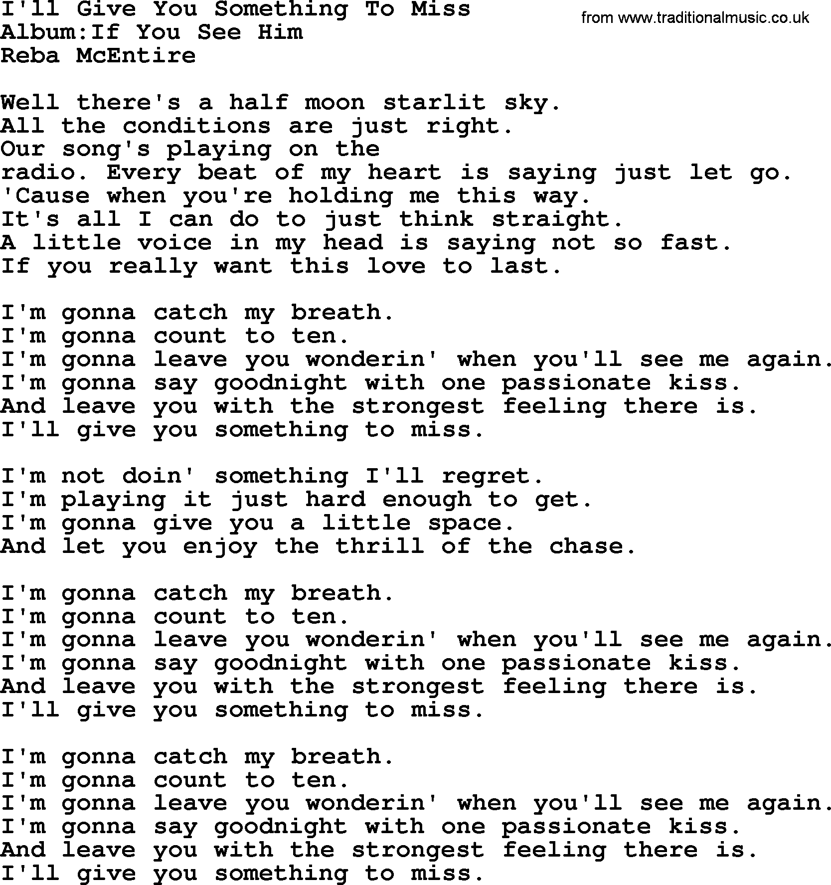 Reba McEntire song: I'll Give You Something To Miss lyrics