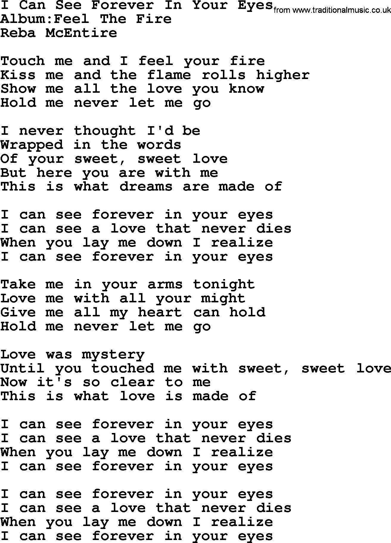 Reba McEntire song: I Can See Forever In Your Eyes lyrics