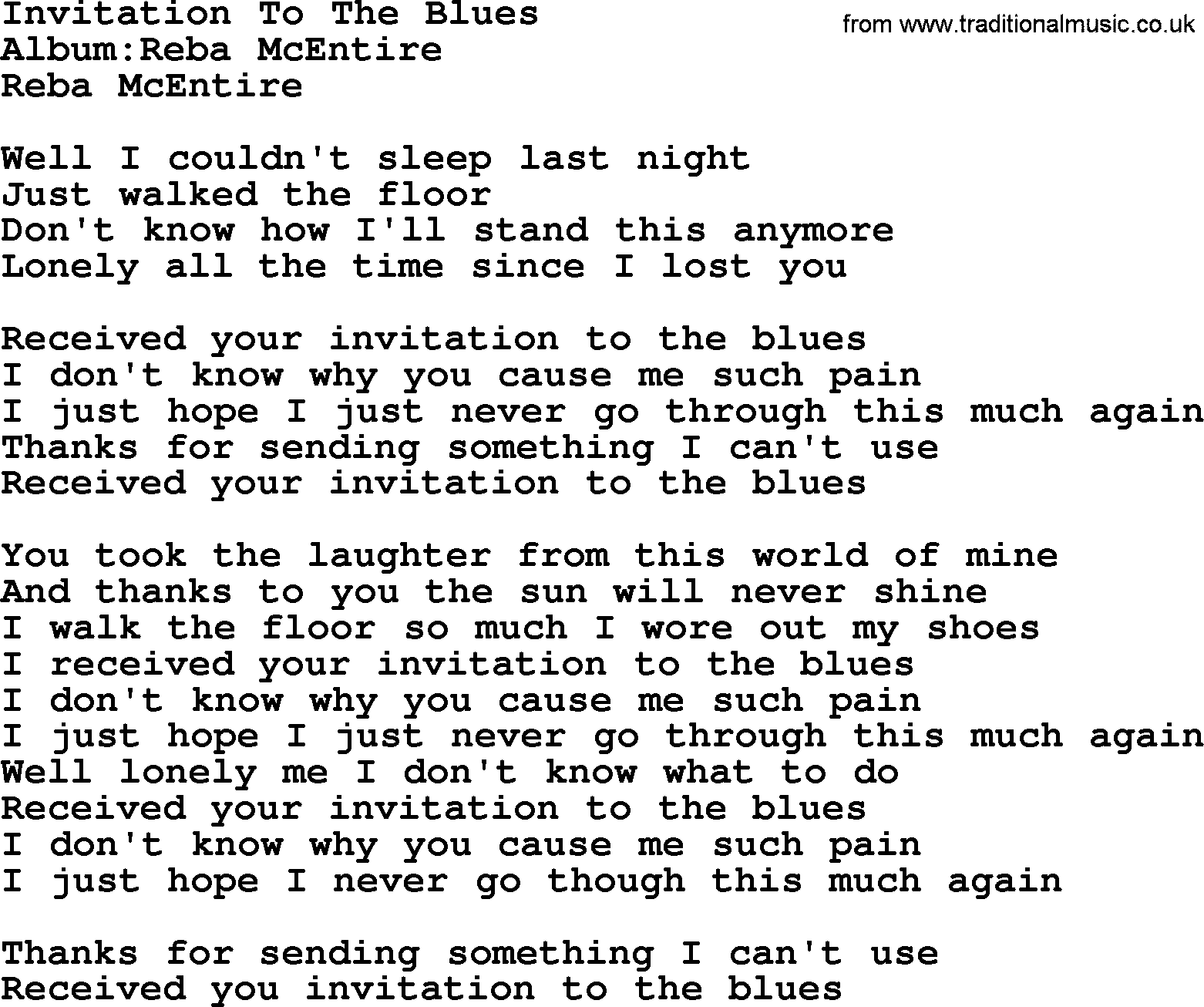 Reba McEntire song: Invitation To The Blues lyrics