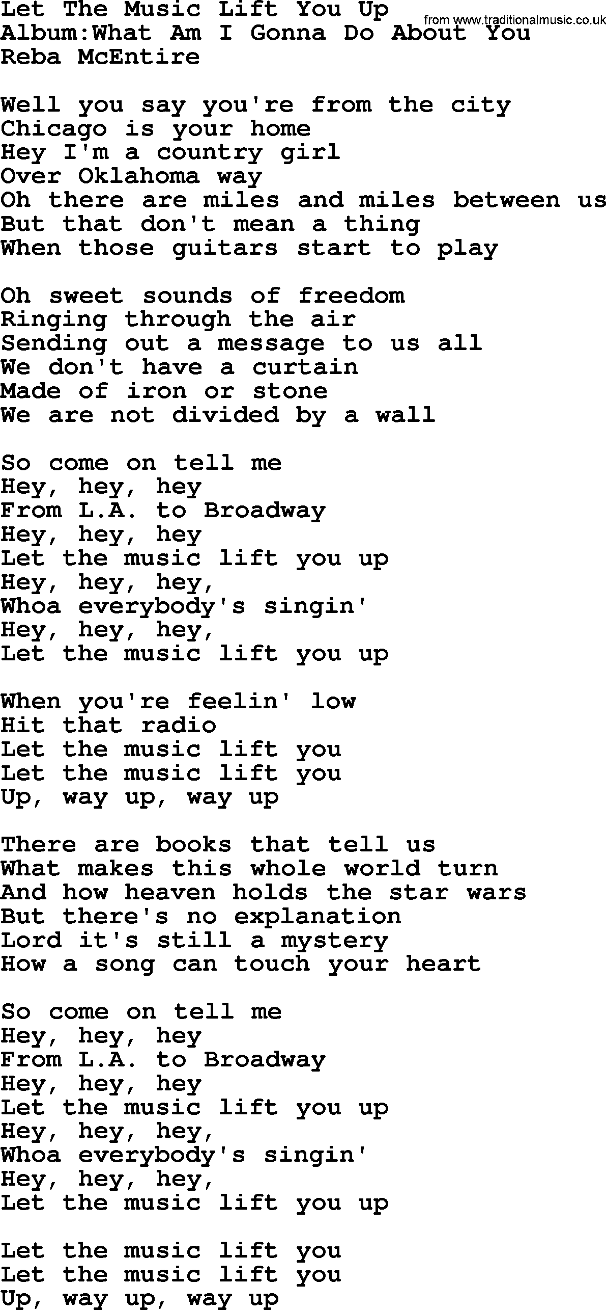 Reba McEntire song: Let The Music Lift You Up lyrics