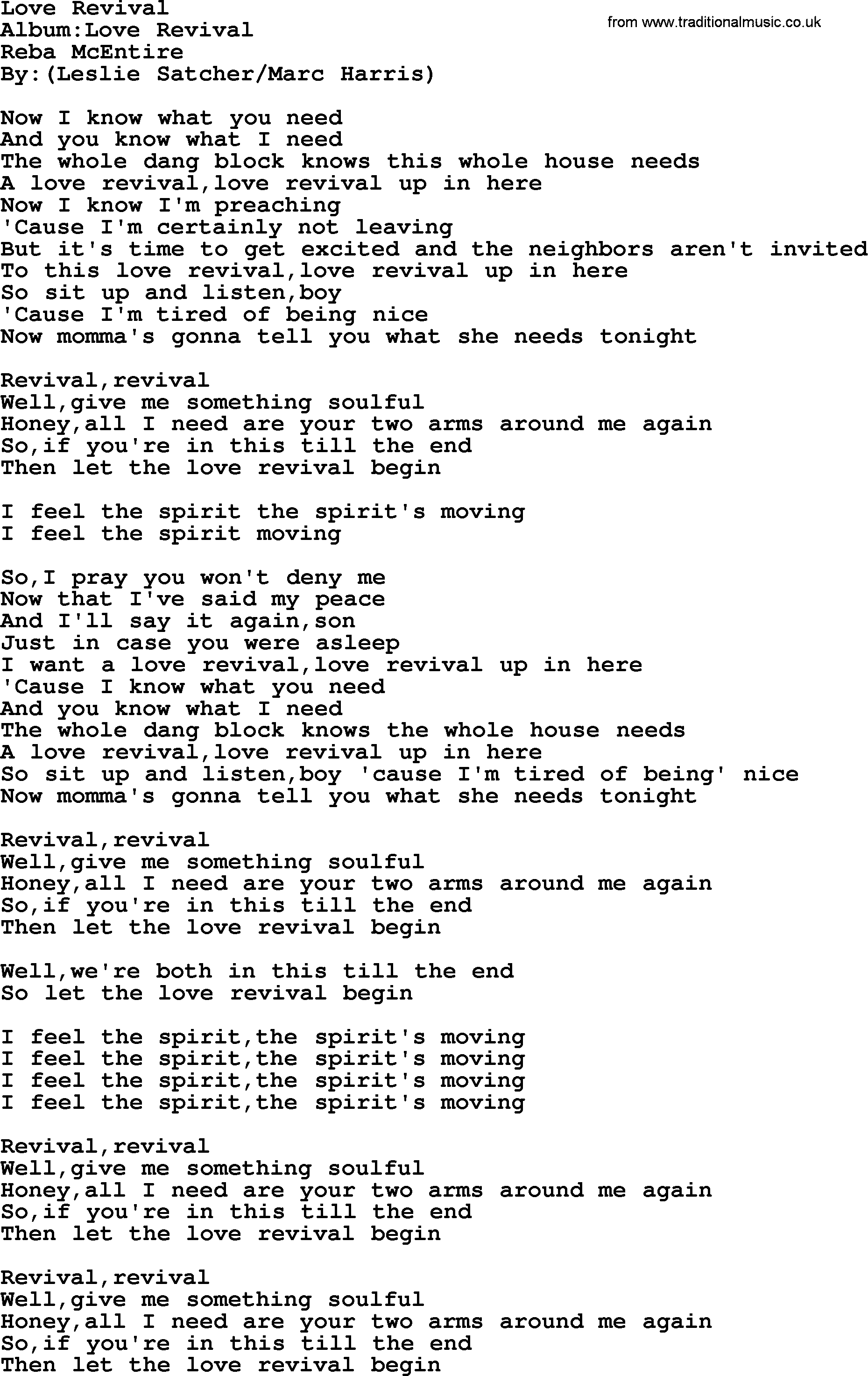 Reba McEntire song: Love Revival lyrics