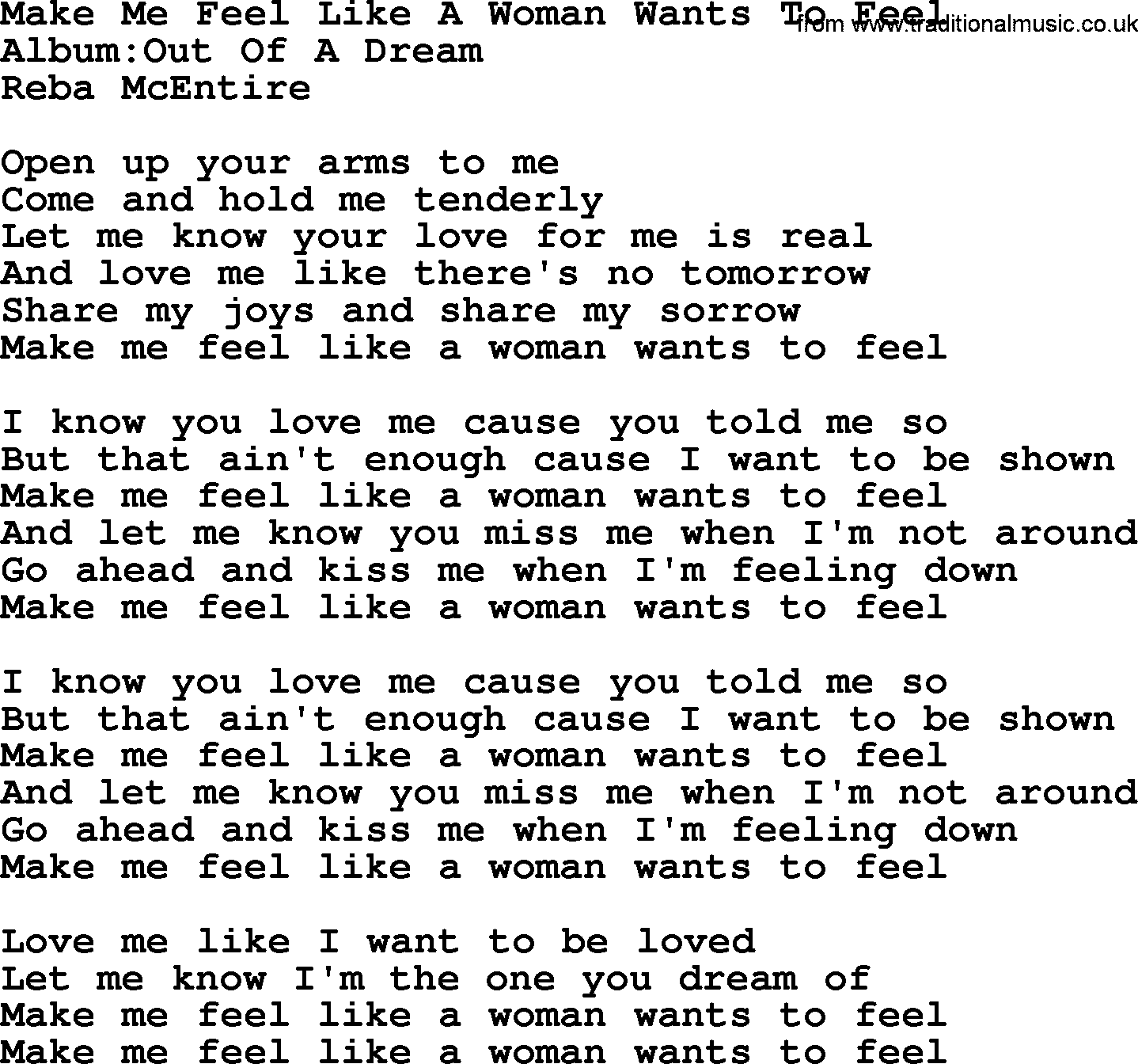 Reba McEntire song: Make Me Feel Like A Woman Wants To Feel lyrics