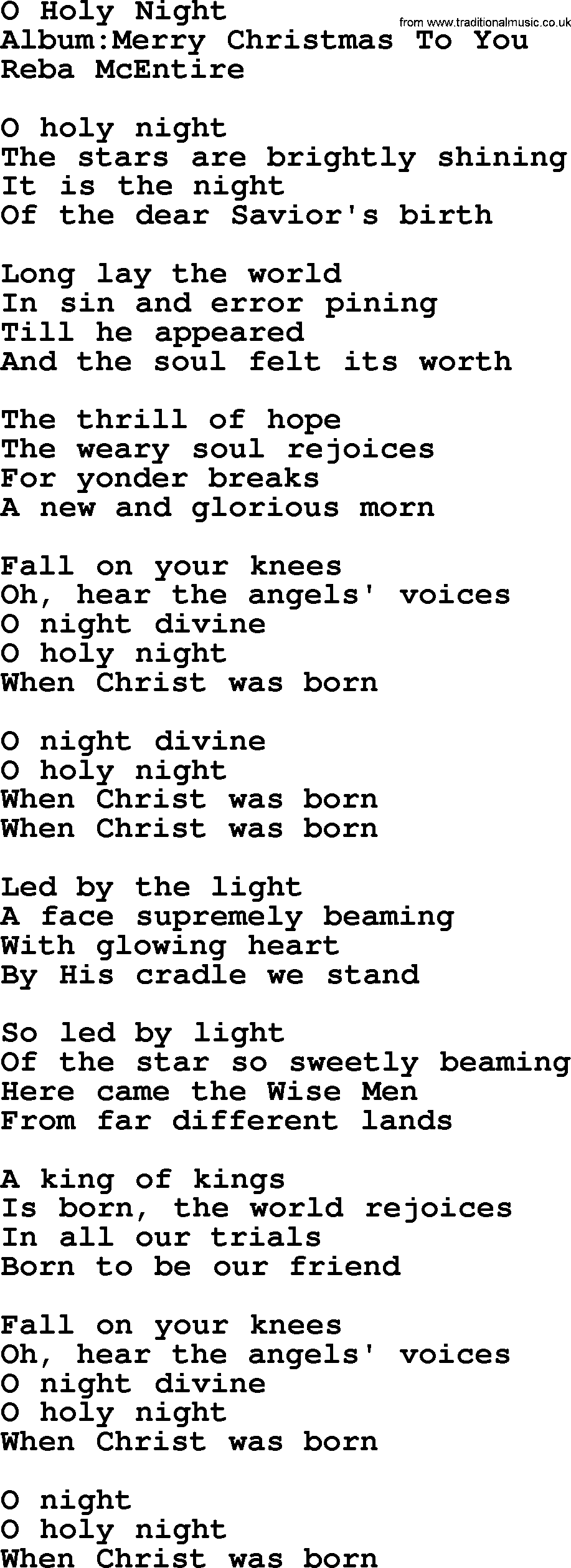 Reba McEntire song: O Holy Night lyrics