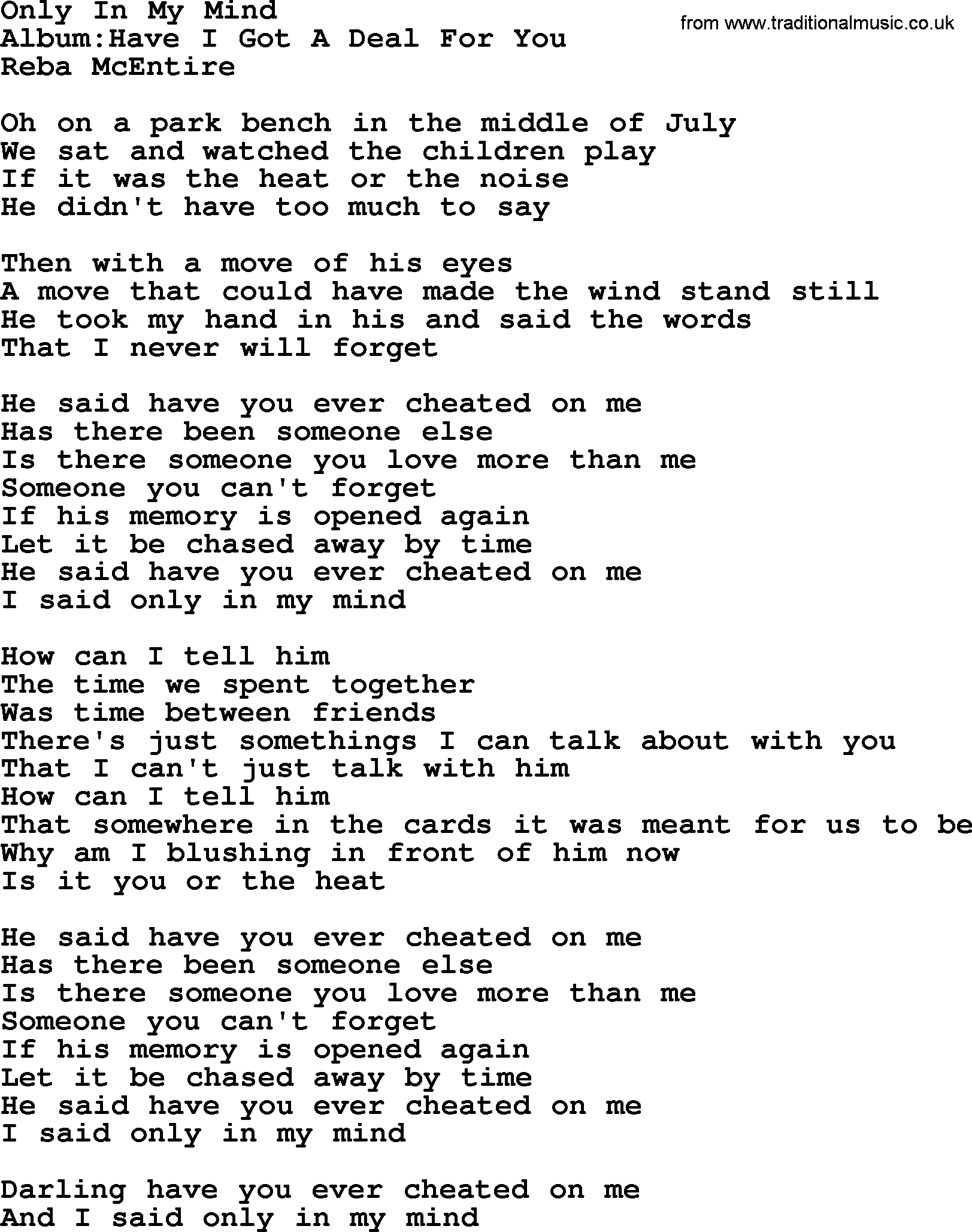 Reba McEntire song: Only In My Mind lyrics