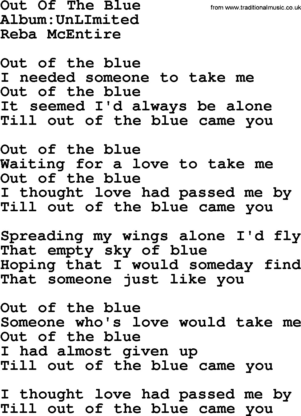 Reba McEntire song: Out Of The Blue lyrics