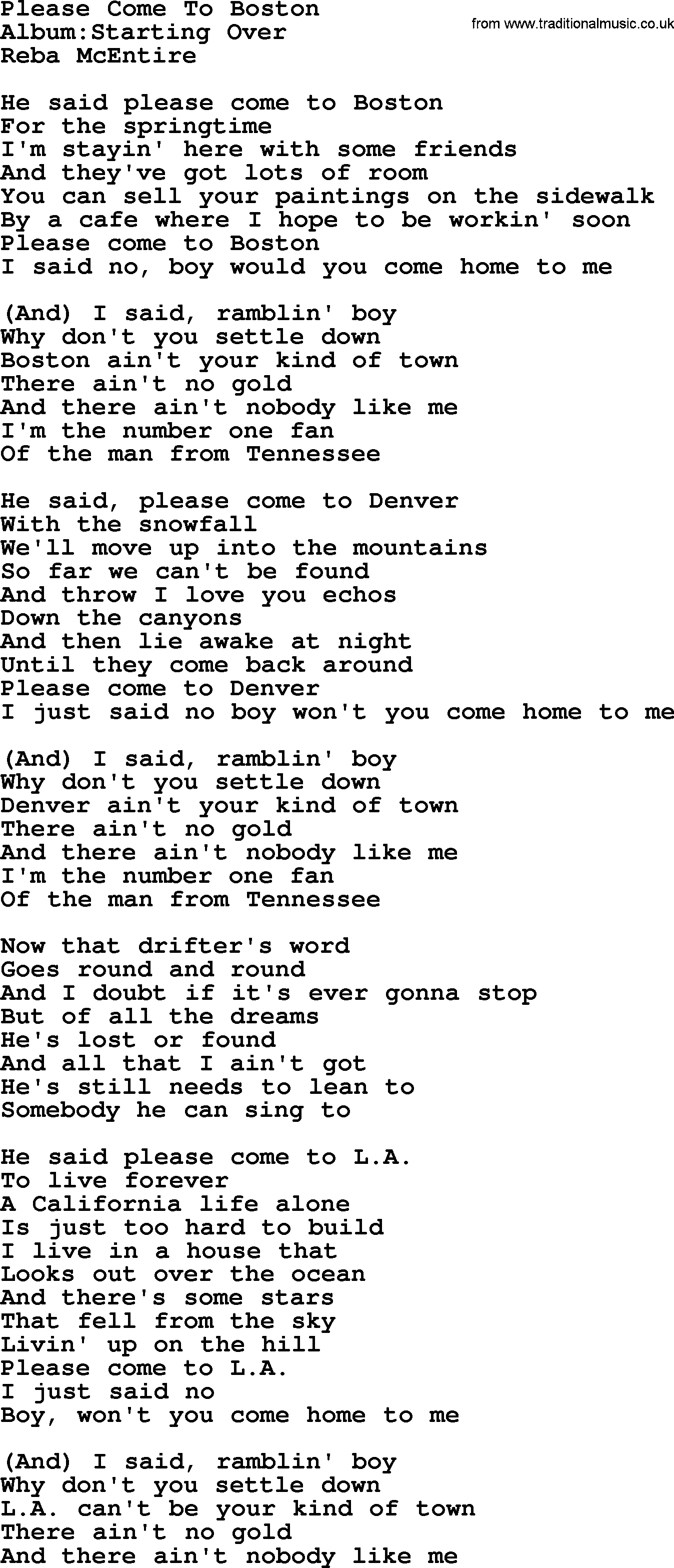 Reba McEntire song: Please Come To Boston lyrics