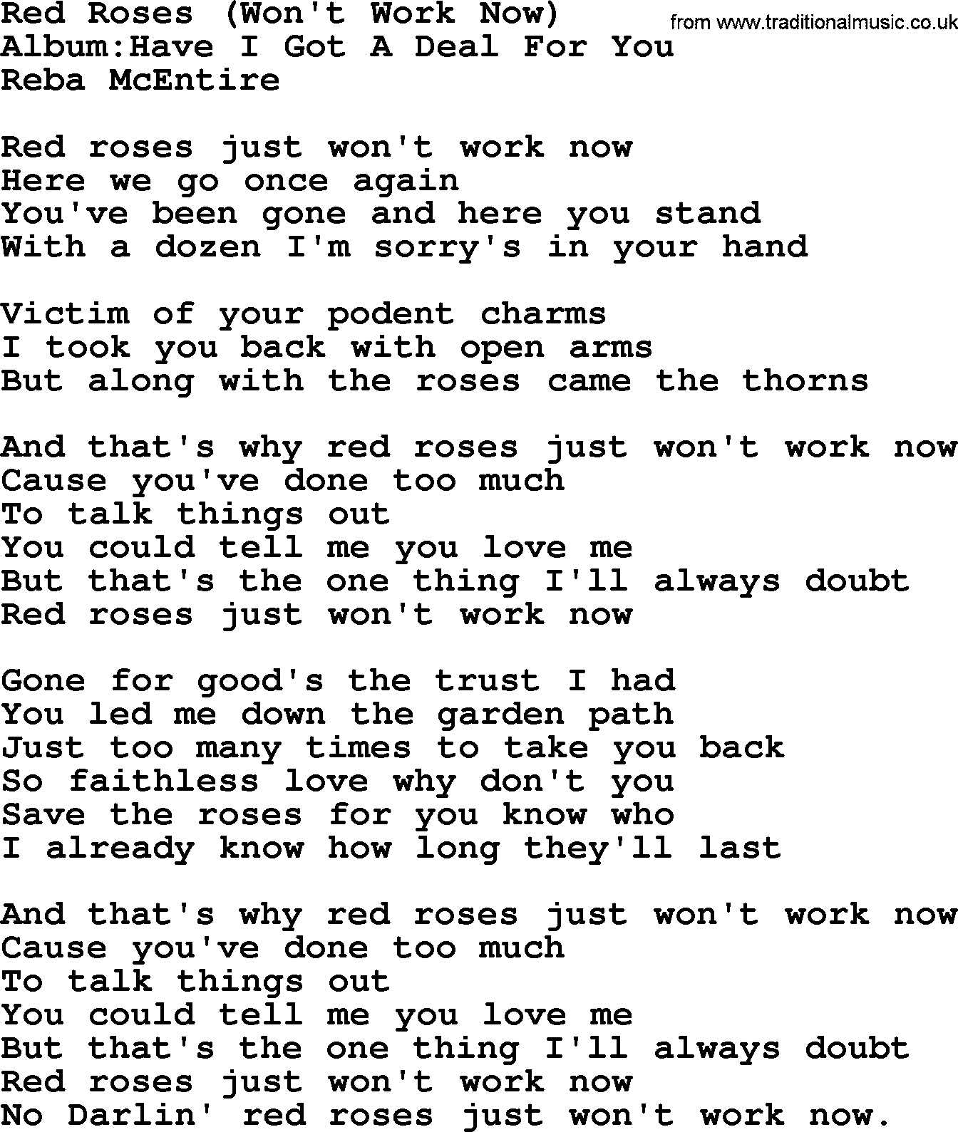 Reba McEntire song: Red Roses Won't Work Now lyrics