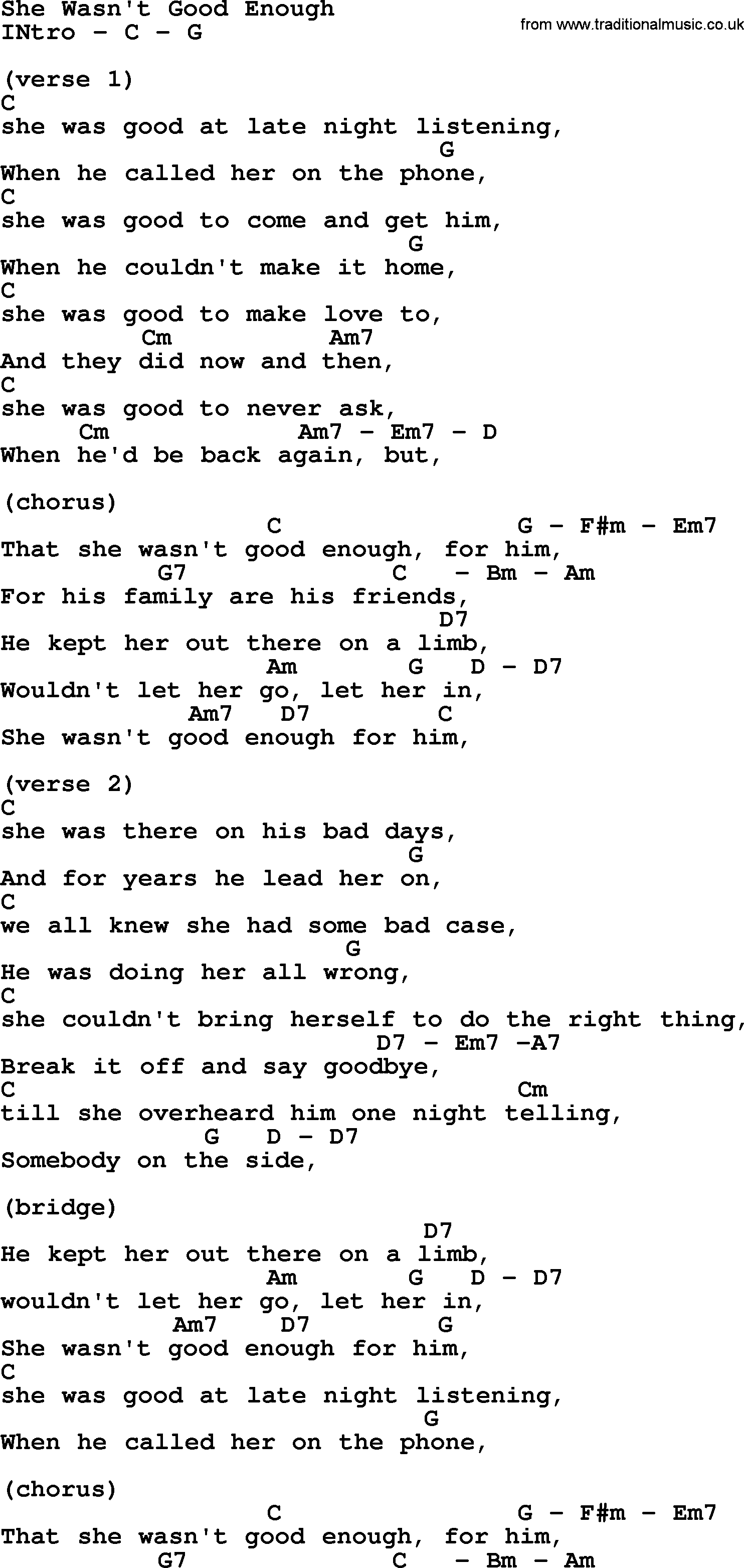 Reba McEntire song: She Wasn't Good Enough, lyrics and chords