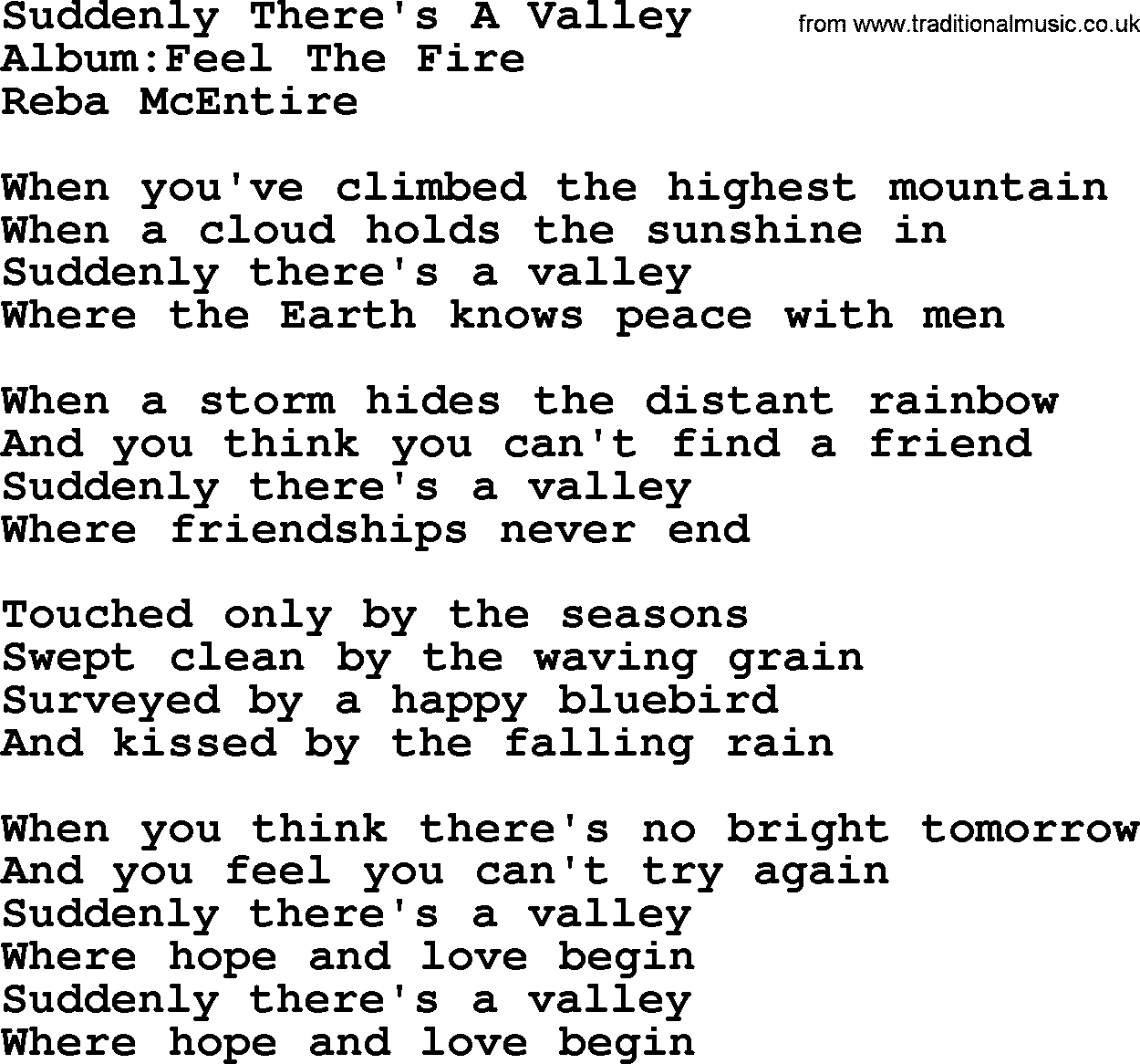 Reba McEntire song: Suddenly There's A Valley lyrics