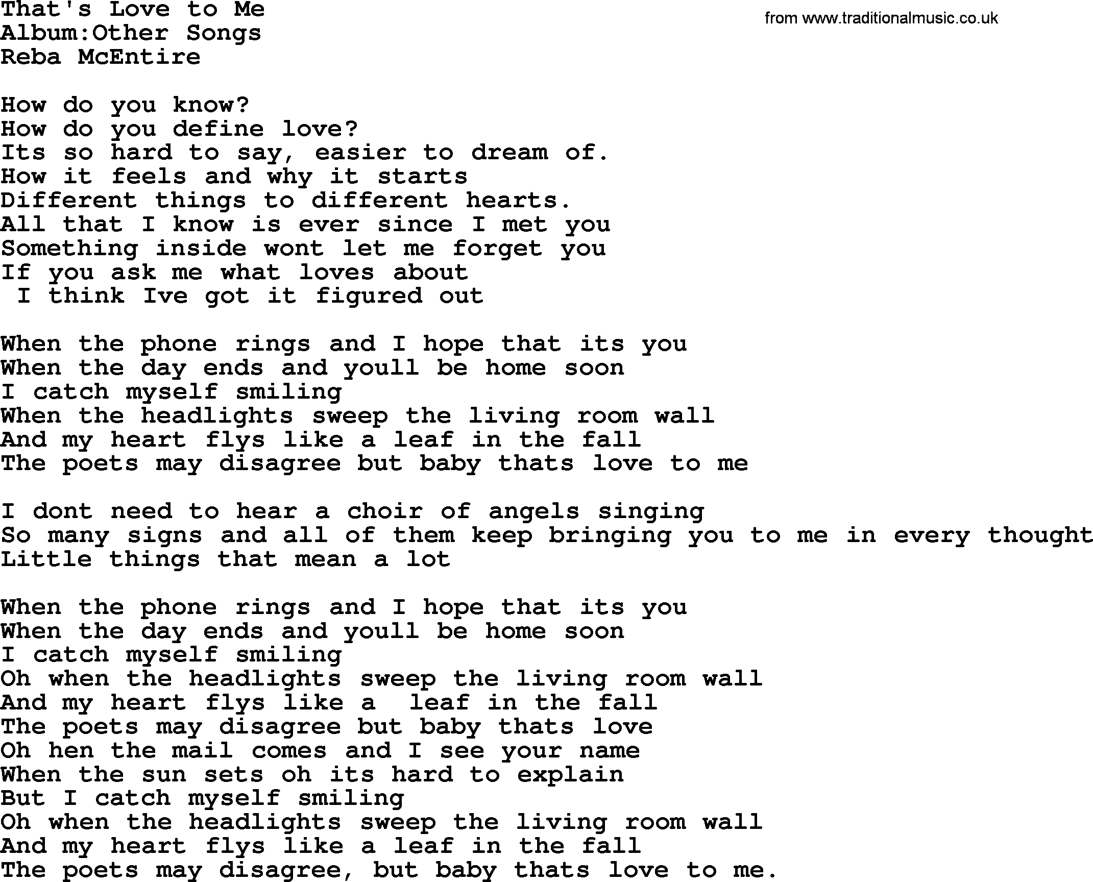 Reba McEntire song: That's Love to Me lyrics