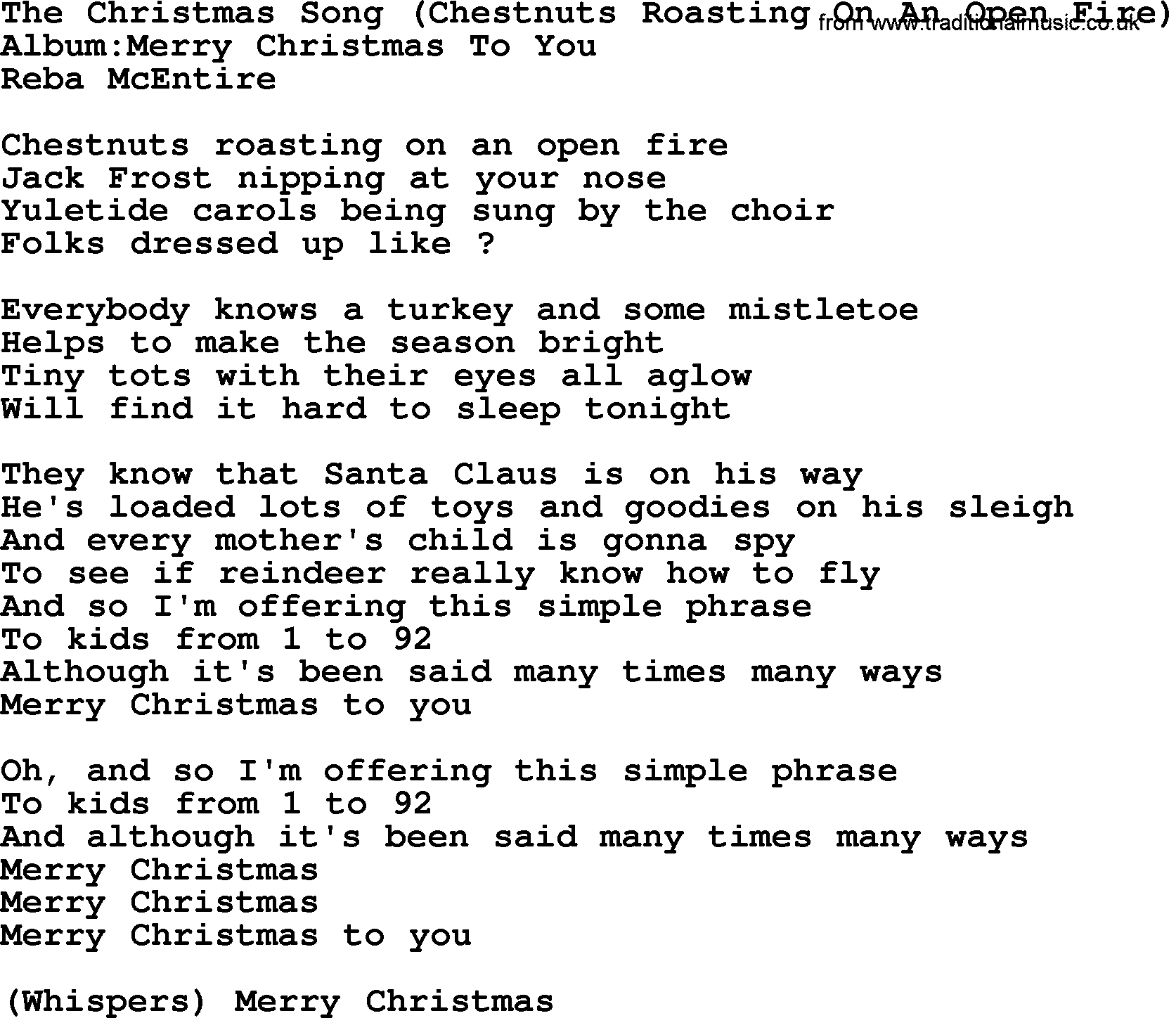 Reba McEntire song: The Christmas Song, Chestnuts Roasting On An Open Fire lyrics