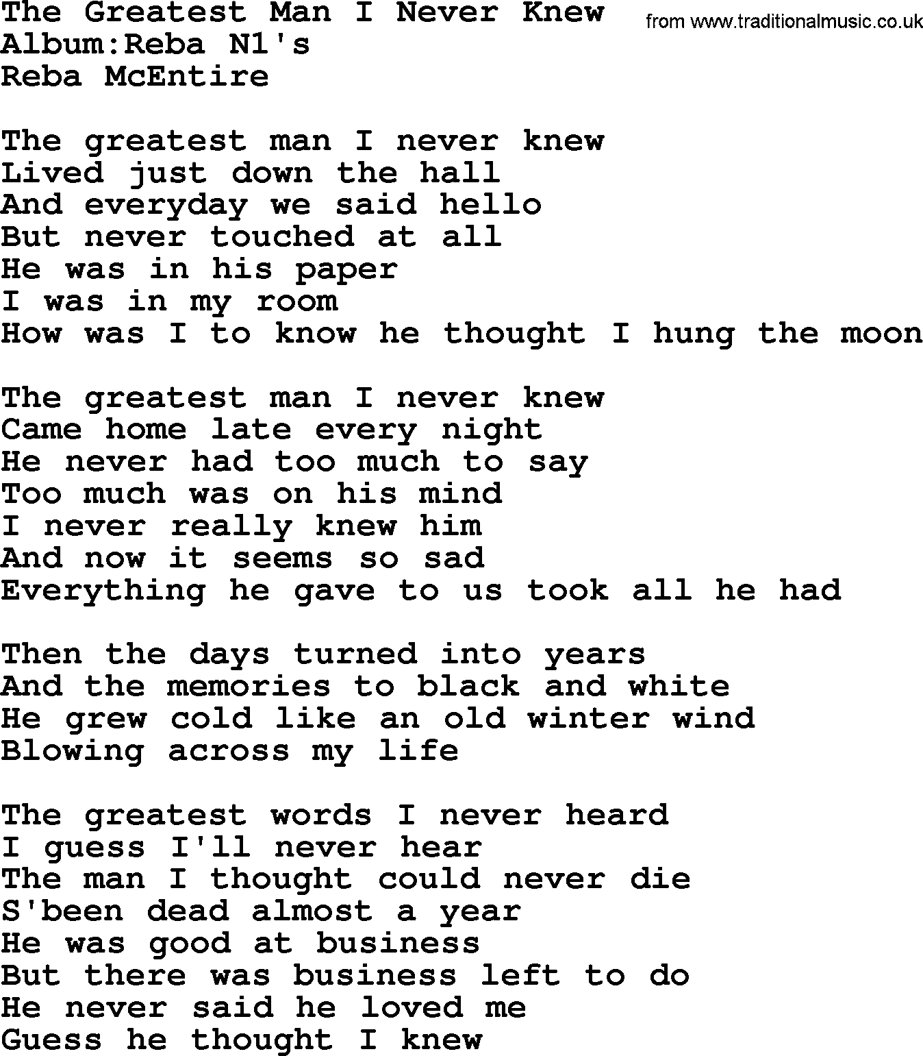 Reba McEntire song: The Greatest Man I Never Knew lyrics