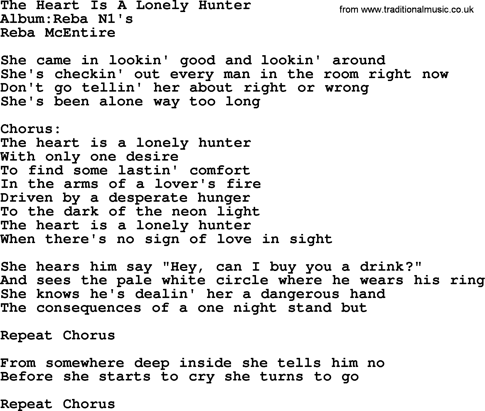 Reba McEntire song: The Heart Is A Lonely Hunter lyrics