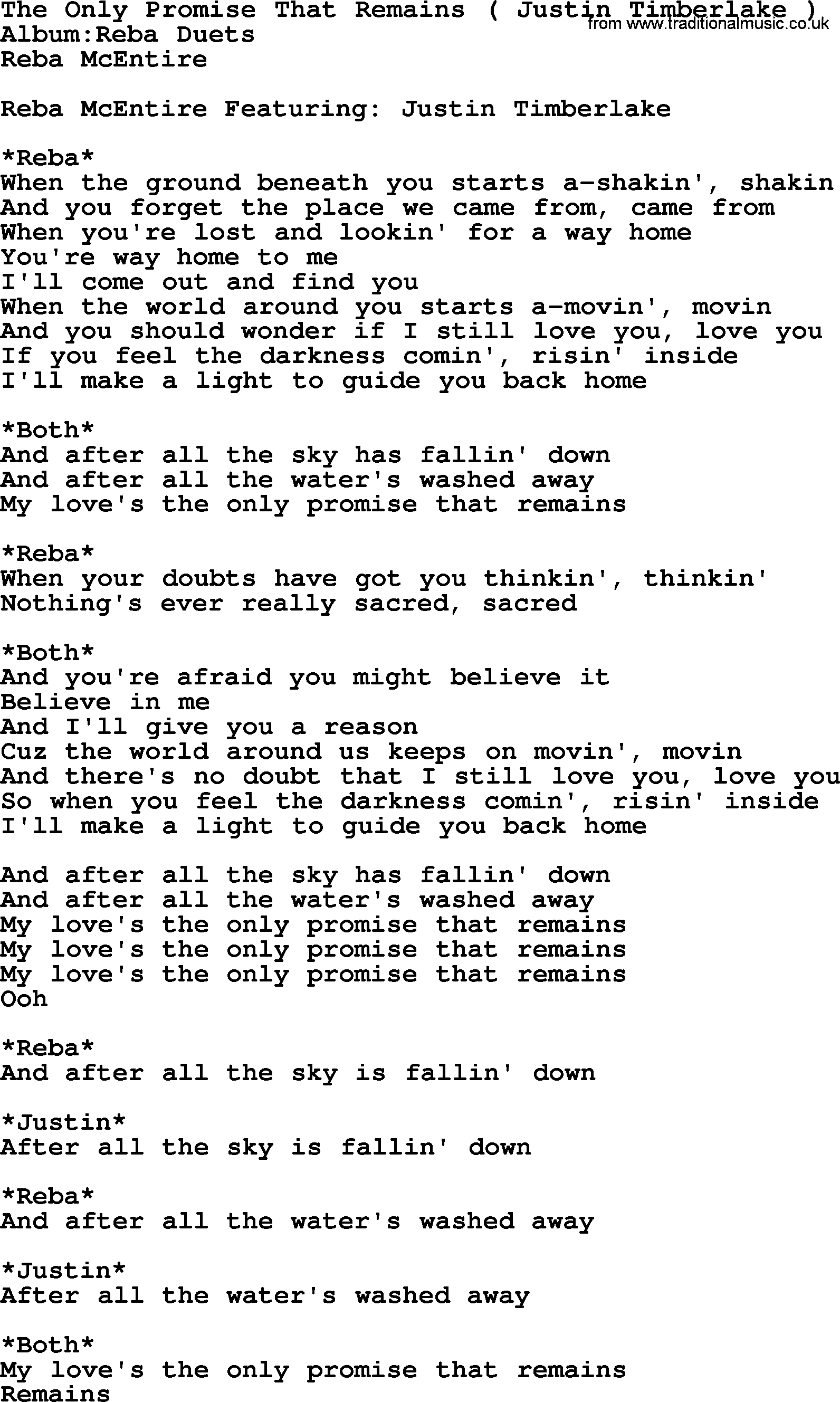 Reba McEntire song: The Only Promise That Remains lyrics