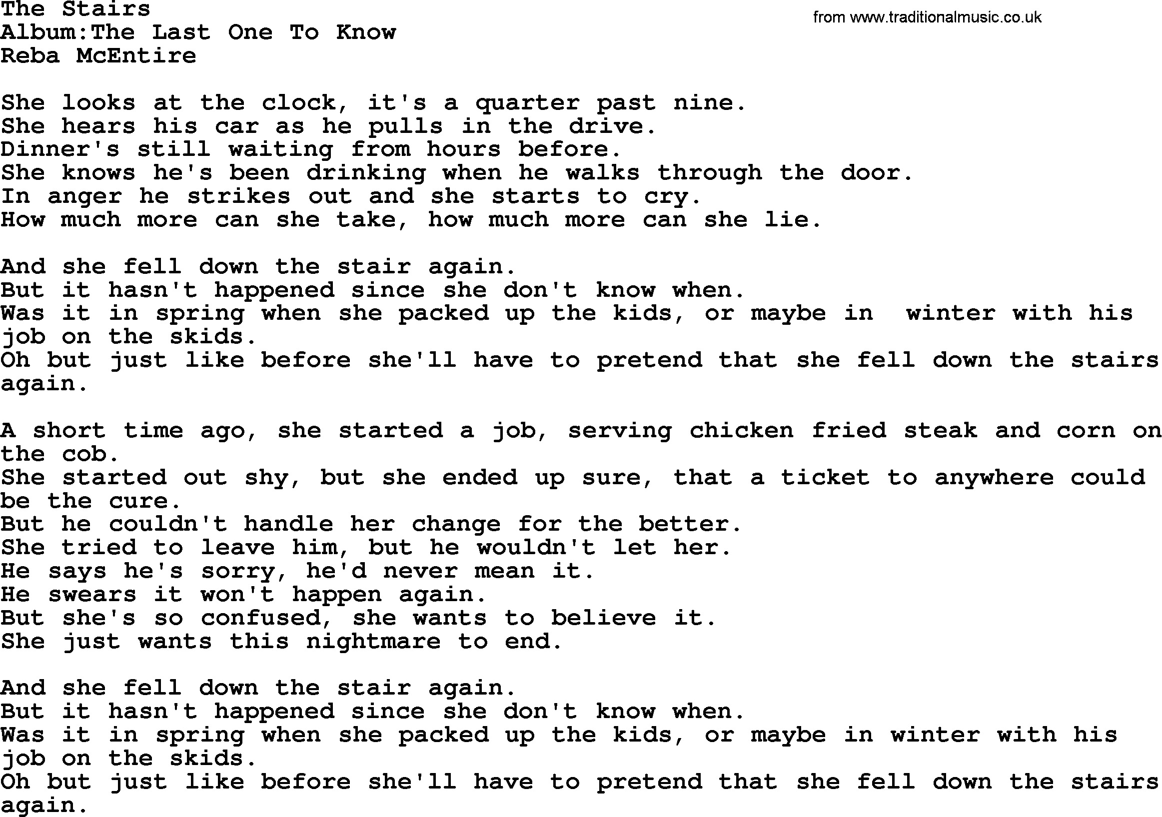 Reba McEntire song: The Stairs lyrics