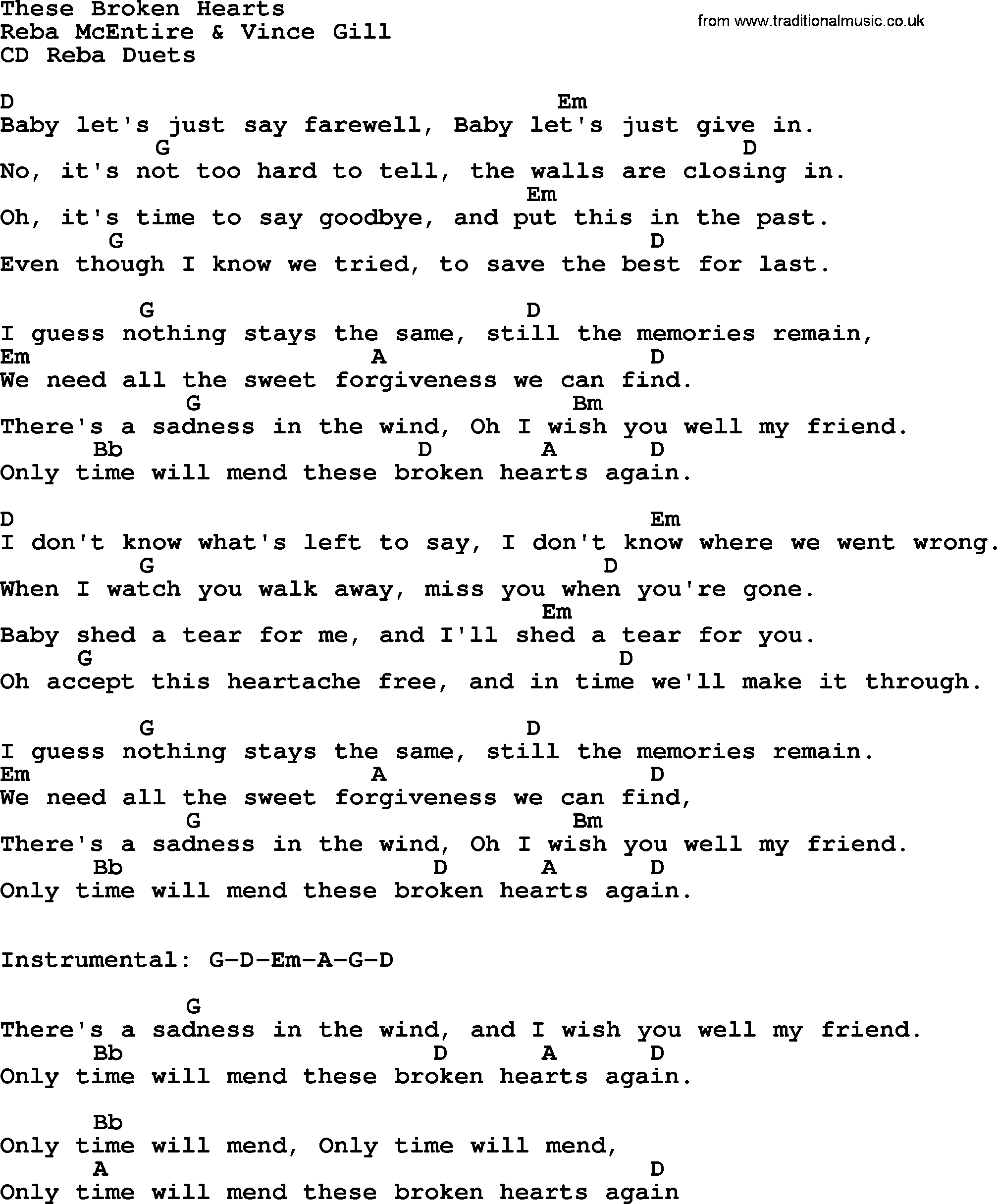 Reba McEntire song: These Broken Hearts, lyrics and chords