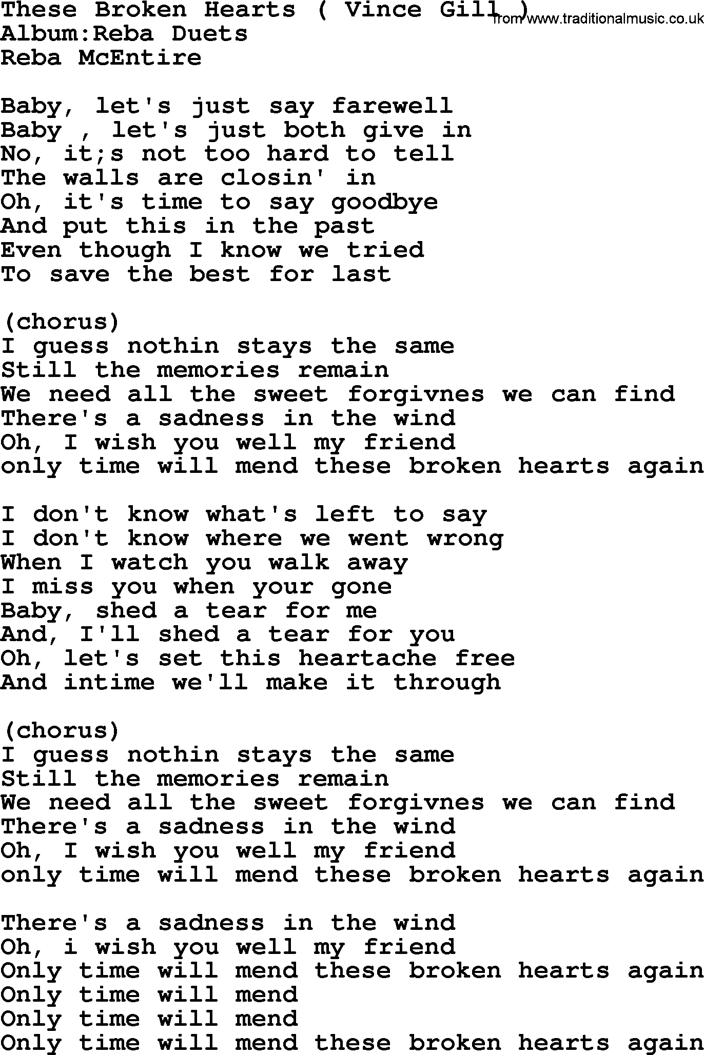 Reba McEntire song: These Broken Hearts lyrics