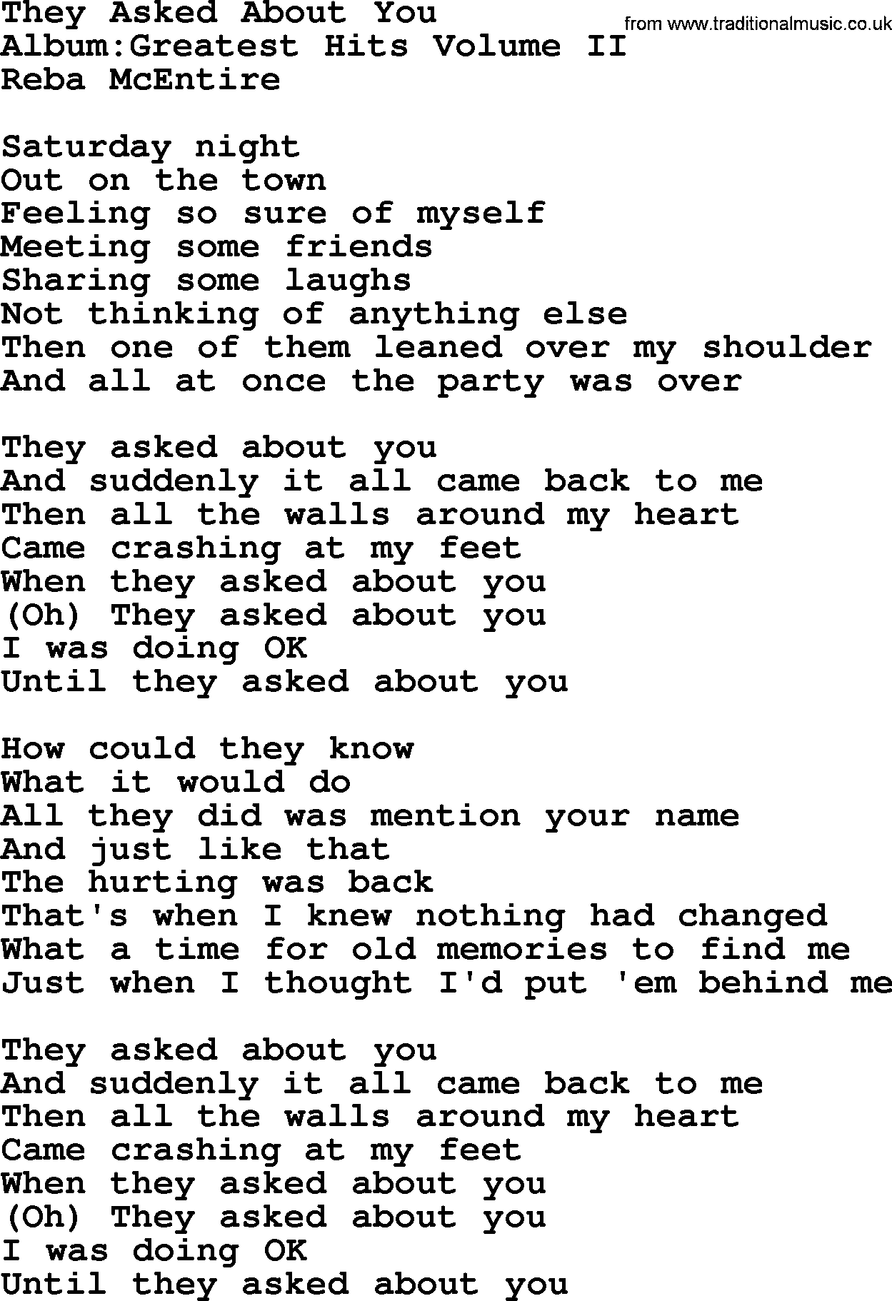 Reba McEntire song: They Asked About You lyrics