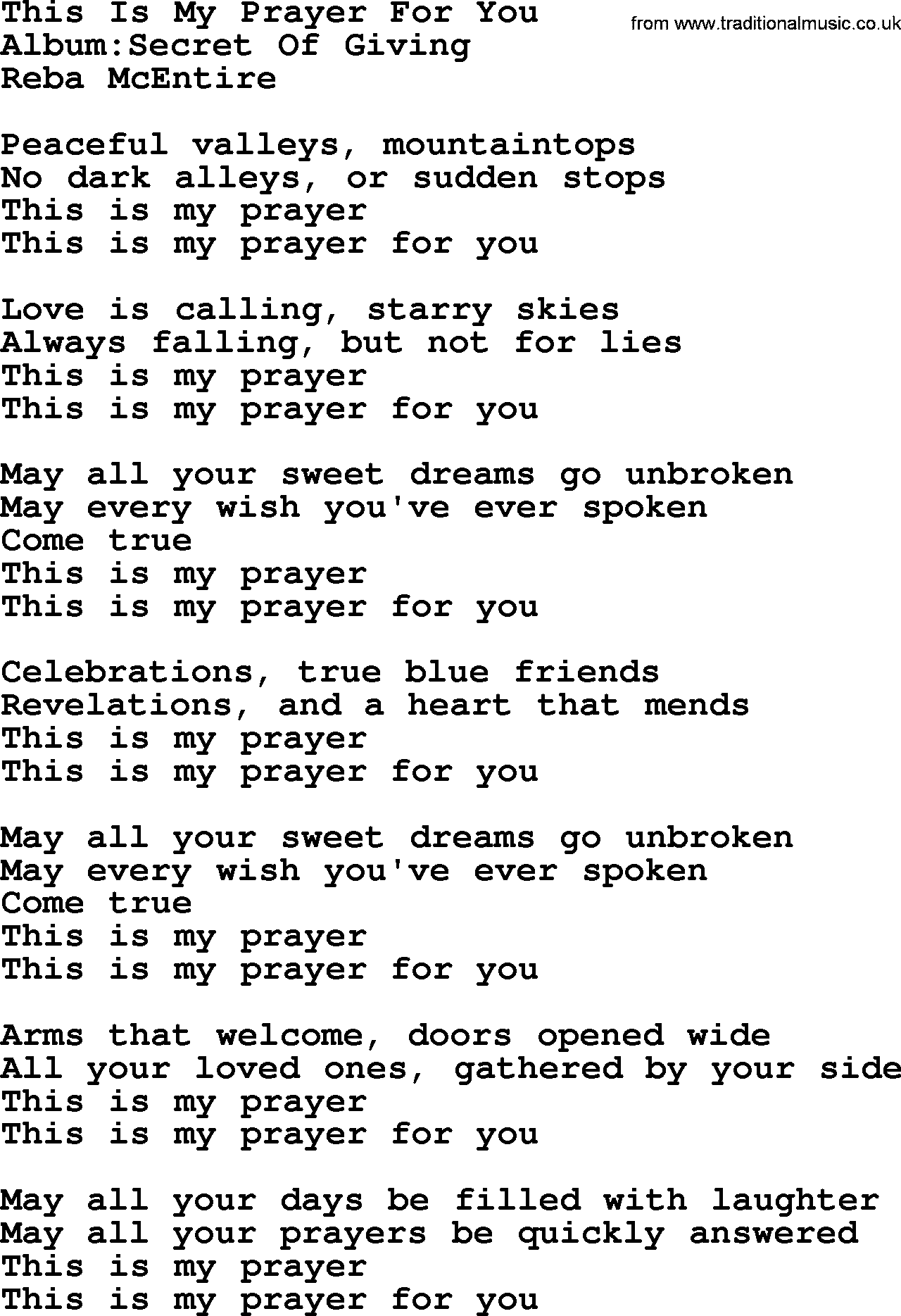 Reba McEntire song: This Is My Prayer For You lyrics