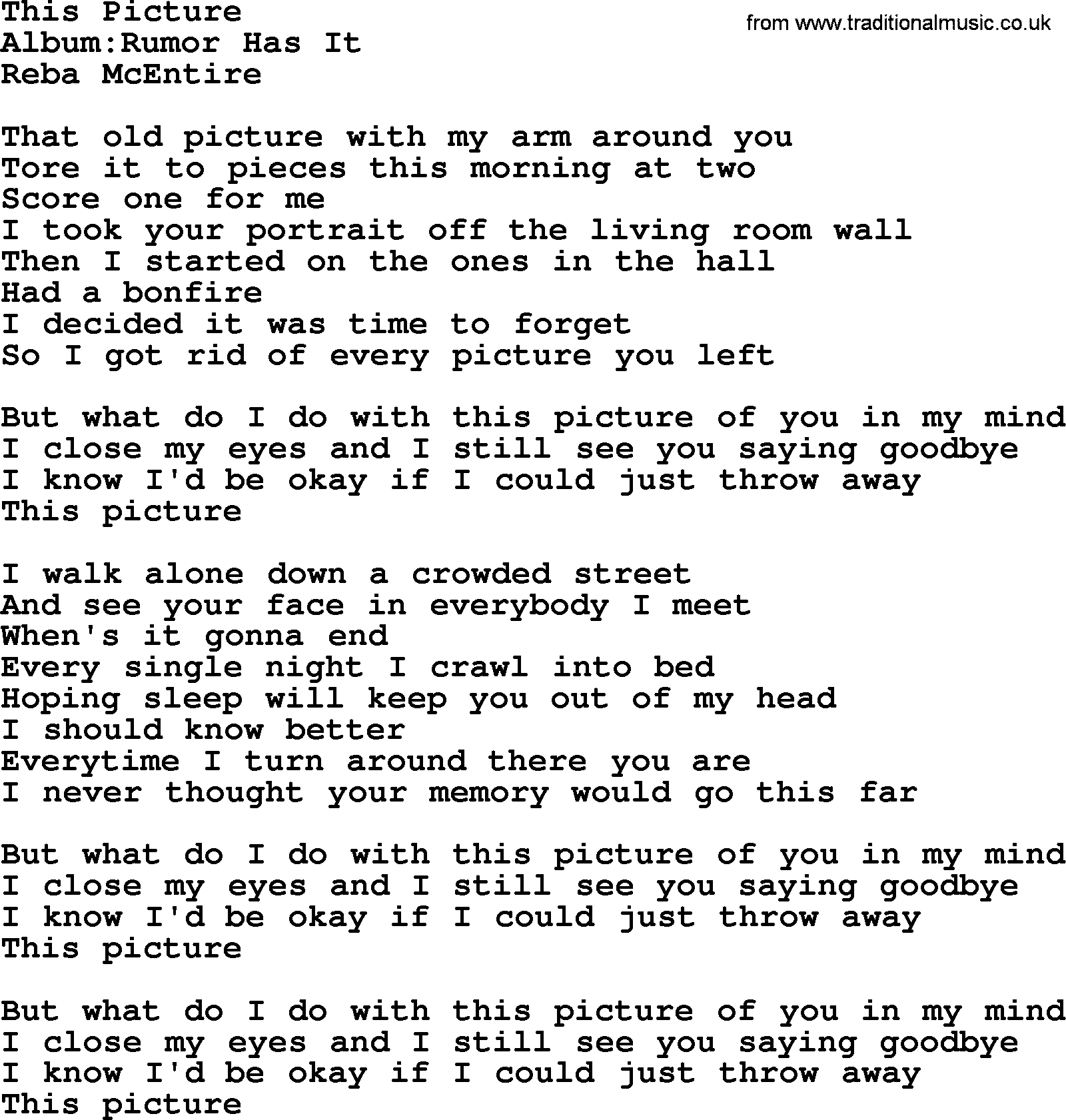 Reba McEntire song: This Picture lyrics