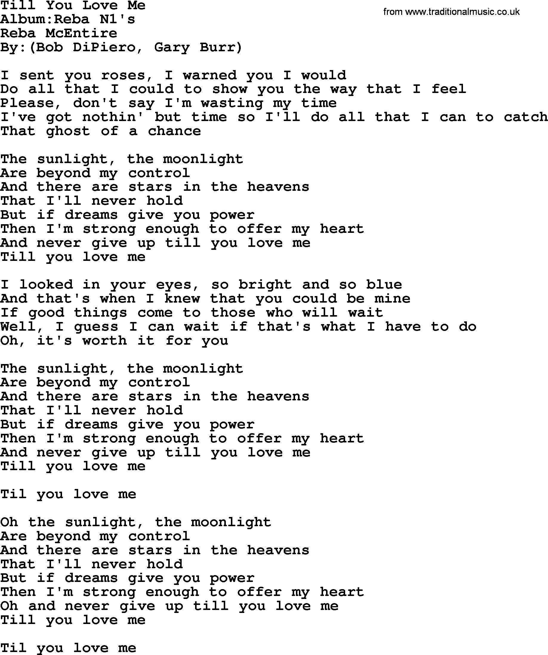Reba McEntire song: Till You Love Me lyrics