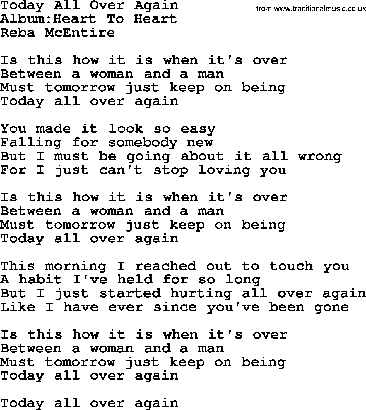 Reba McEntire song: Today All Over Again lyrics