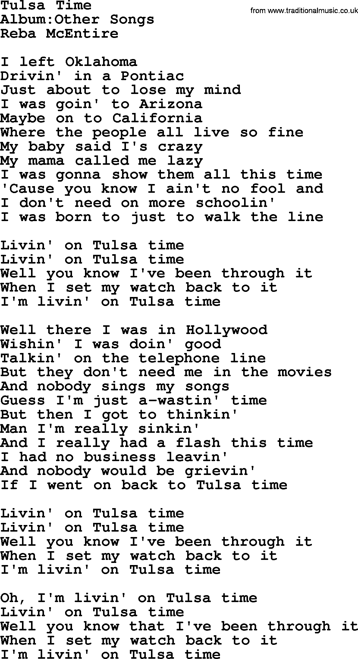 Reba McEntire song: Tulsa Time lyrics