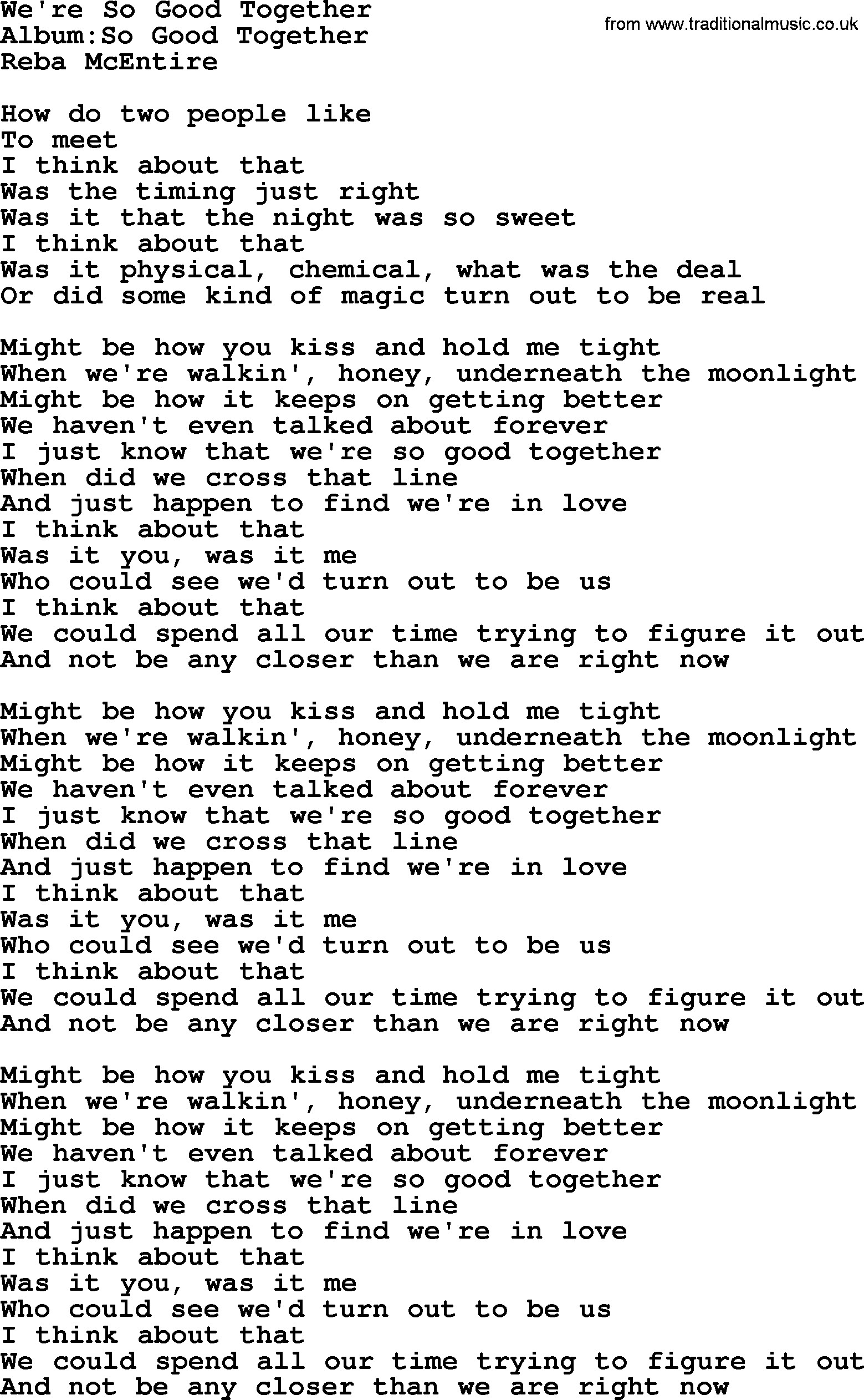 Reba McEntire song: We're So Good Together lyrics