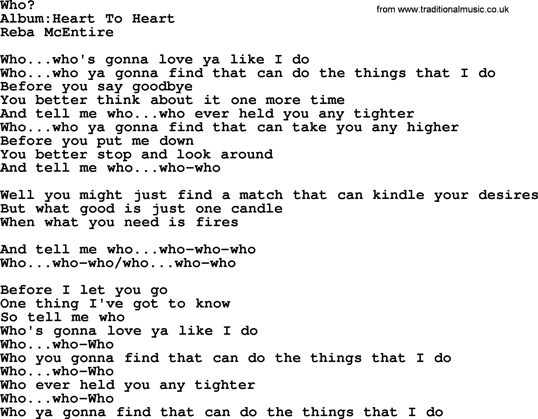Reba McEntire song: Who lyrics