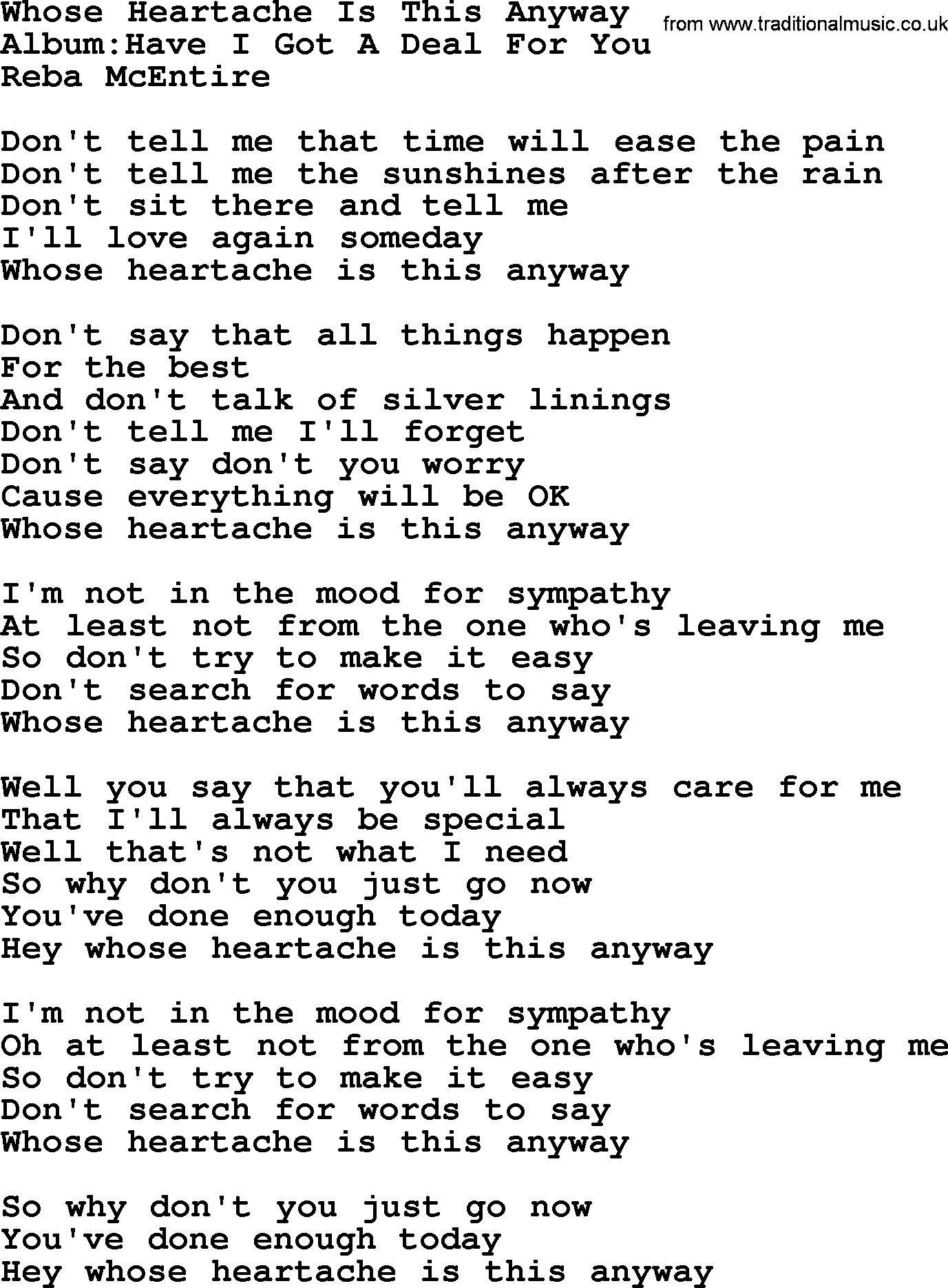 Reba McEntire song: Whose Heartache Is This Anyway lyrics