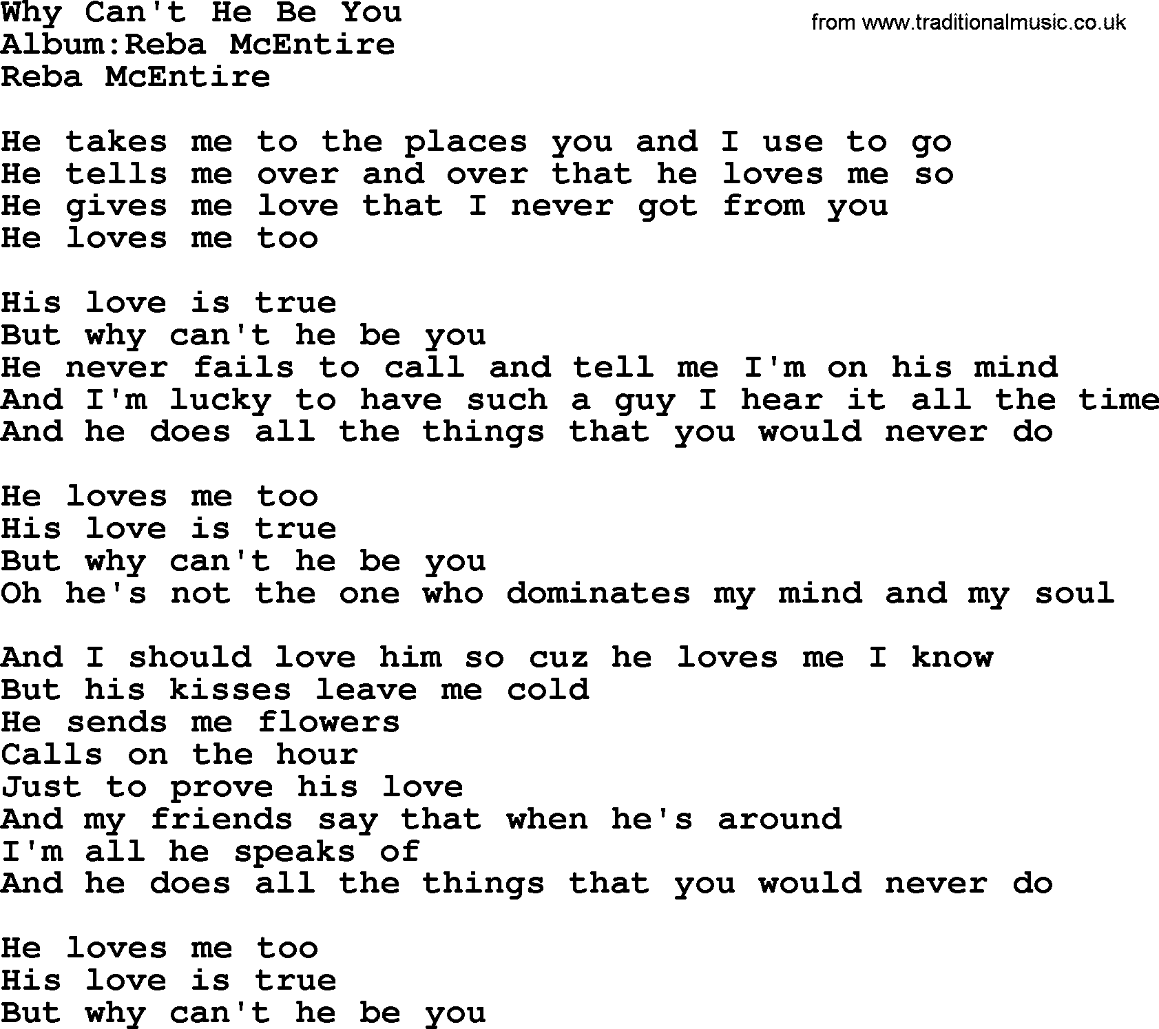 Reba McEntire song: Why Can't He Be You lyrics