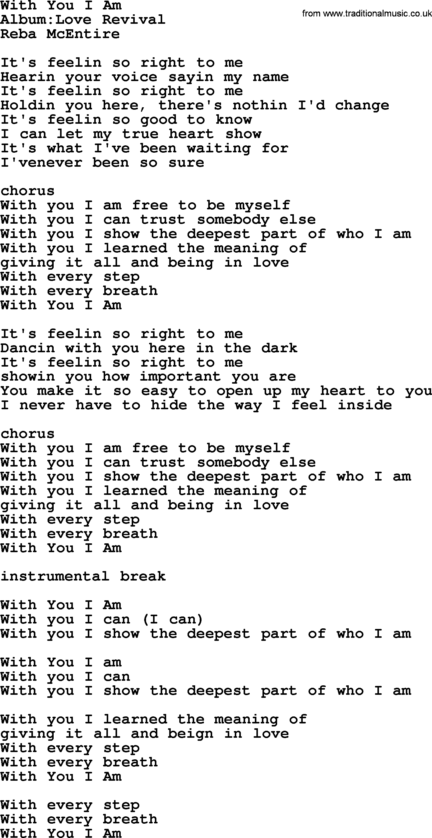 Reba McEntire song: With You I Am lyrics