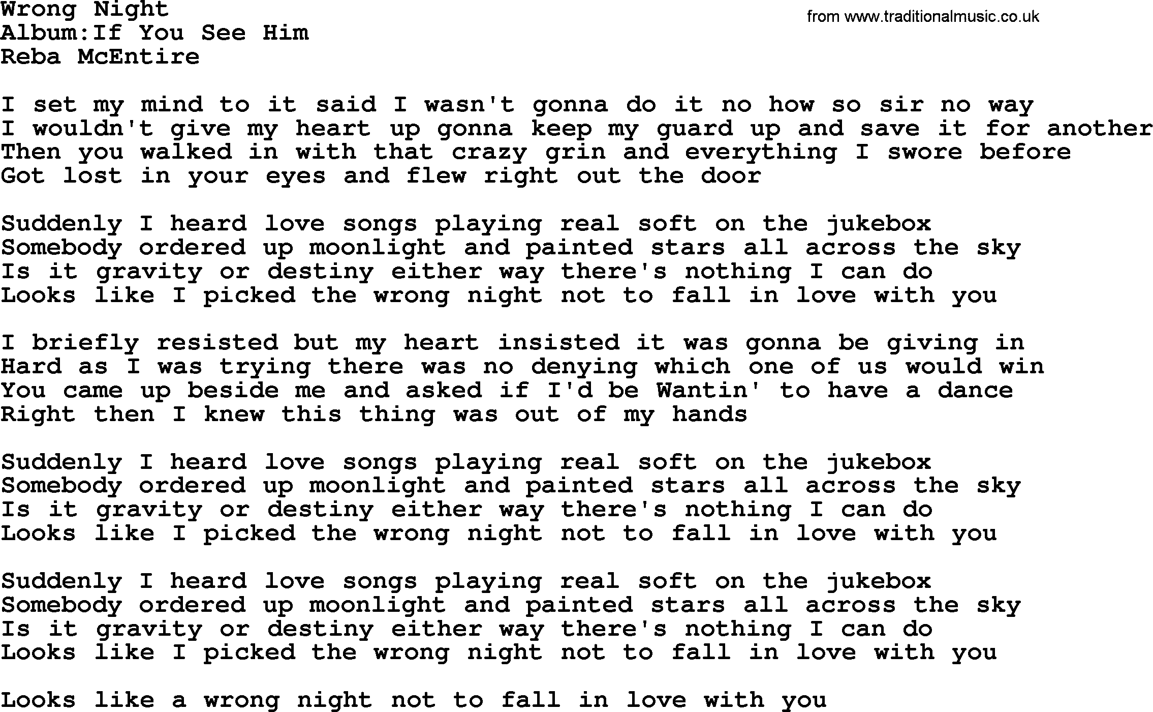 Reba McEntire song: Wrong Night lyrics
