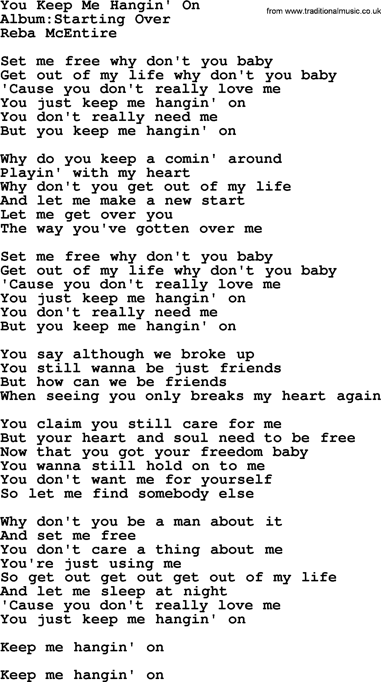 Reba McEntire song: You Keep Me Hangin' On lyrics