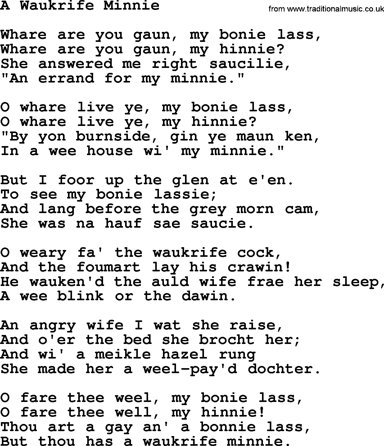 Robert Burns Songs & Lyrics: A Waukrife Minnie