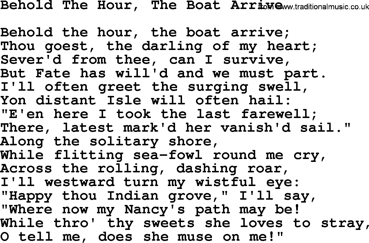 Robert Burns Songs & Lyrics: Behold The Hour, The Boat Arrive