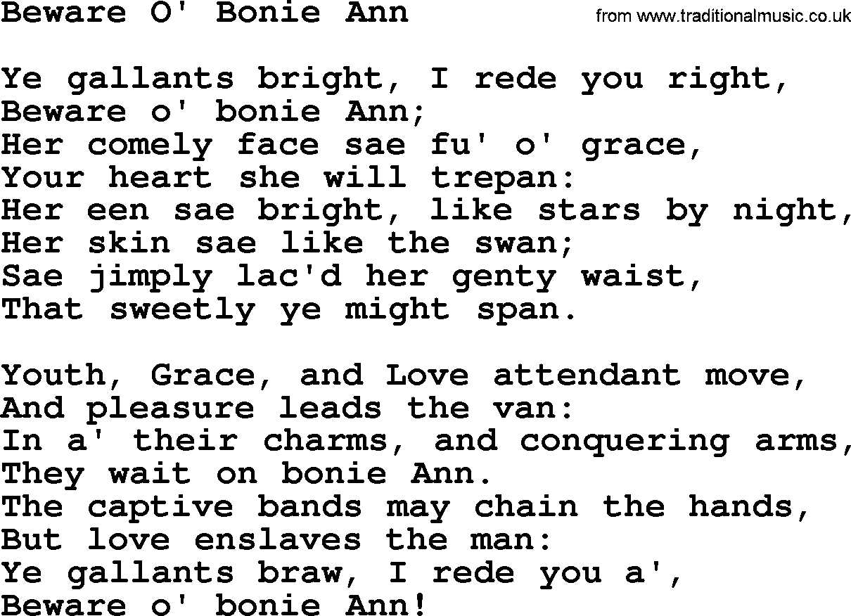 Robert Burns Songs & Lyrics: Beware O' Bonie Ann