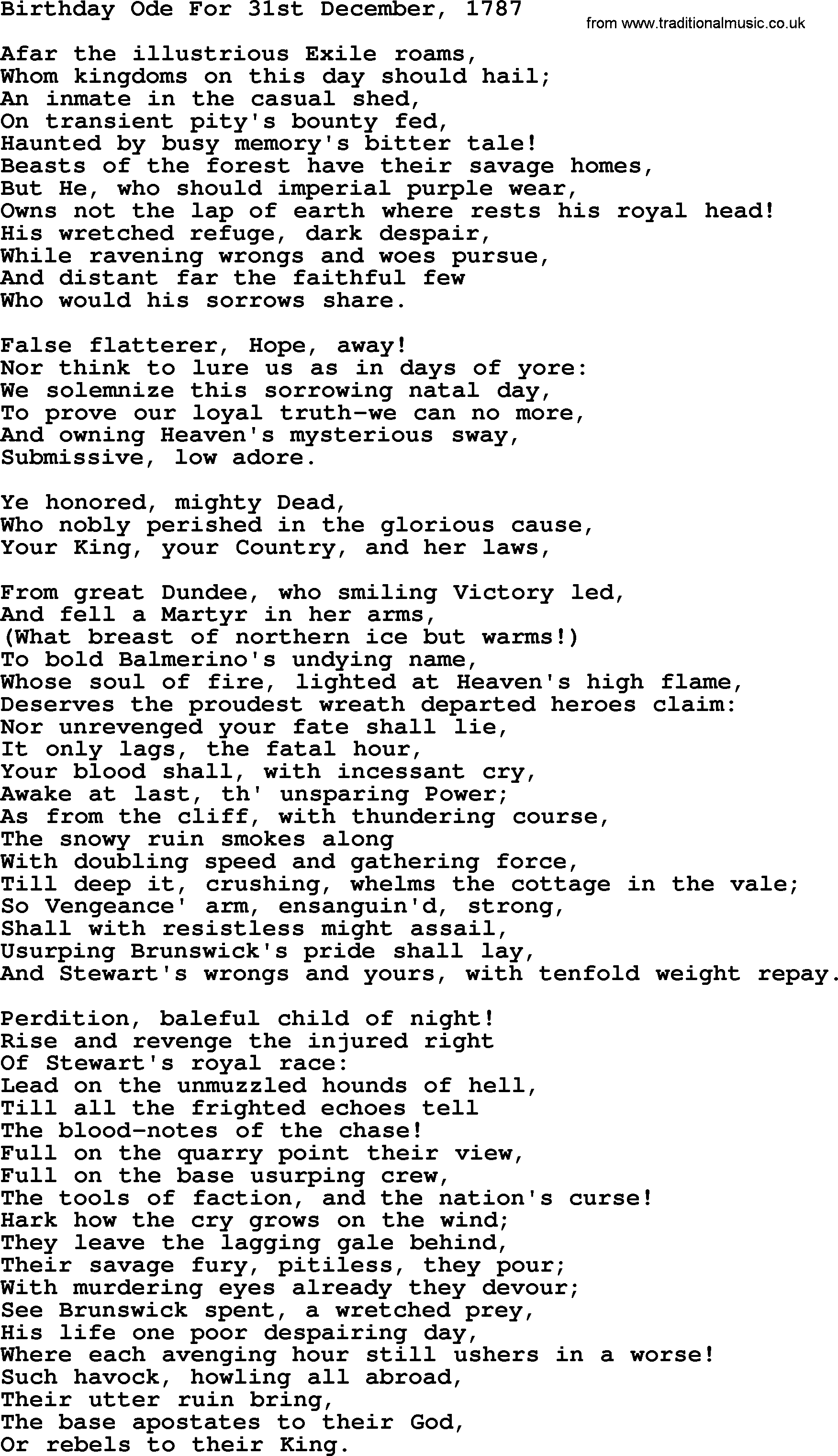 Robert Burns Songs & Lyrics: Birthday Ode For 31st December, 1787