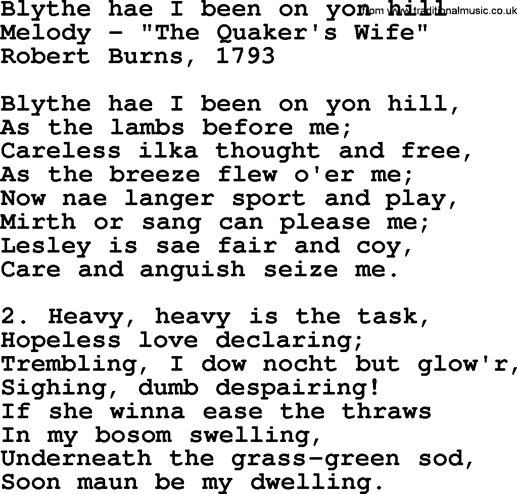 Robert Burns Songs & Lyrics: Blythe Hae I Been On Yon Hill