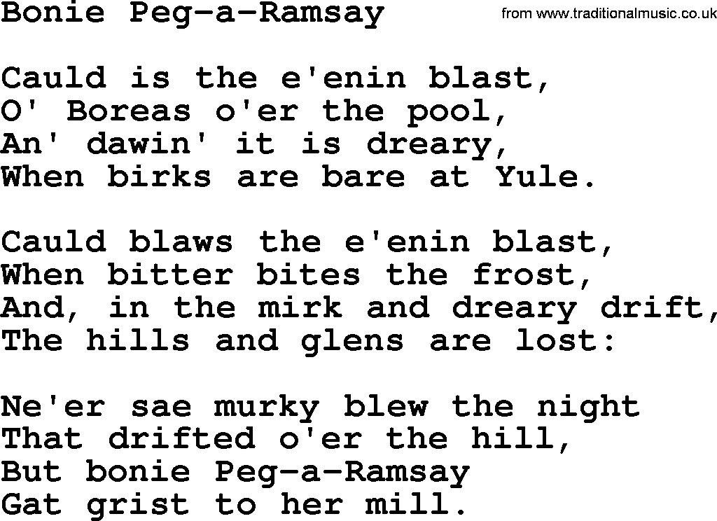 Robert Burns Songs & Lyrics: Bonie Peg-a-ramsay