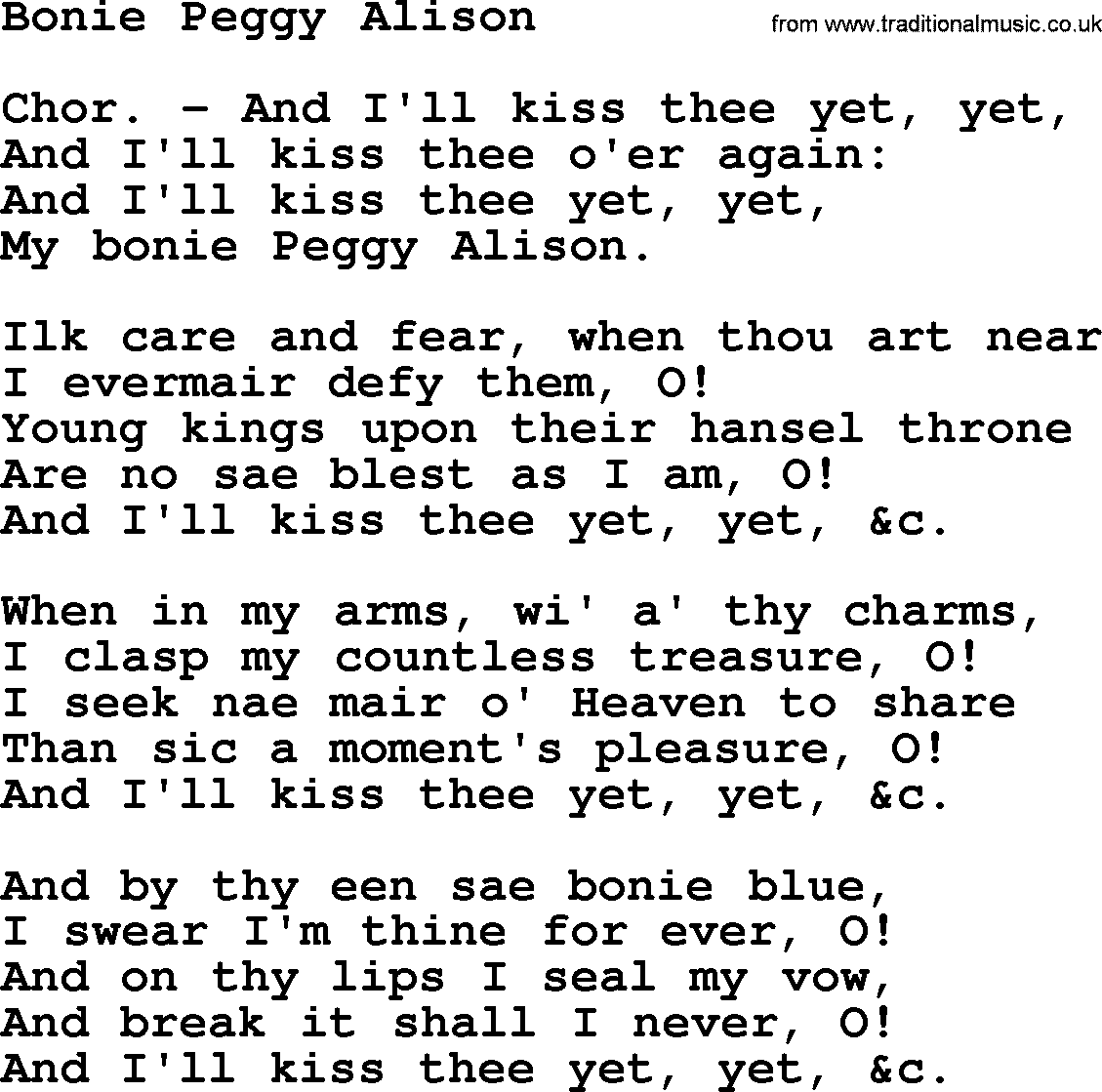 Robert Burns Songs & Lyrics: Bonie Peggy Alison